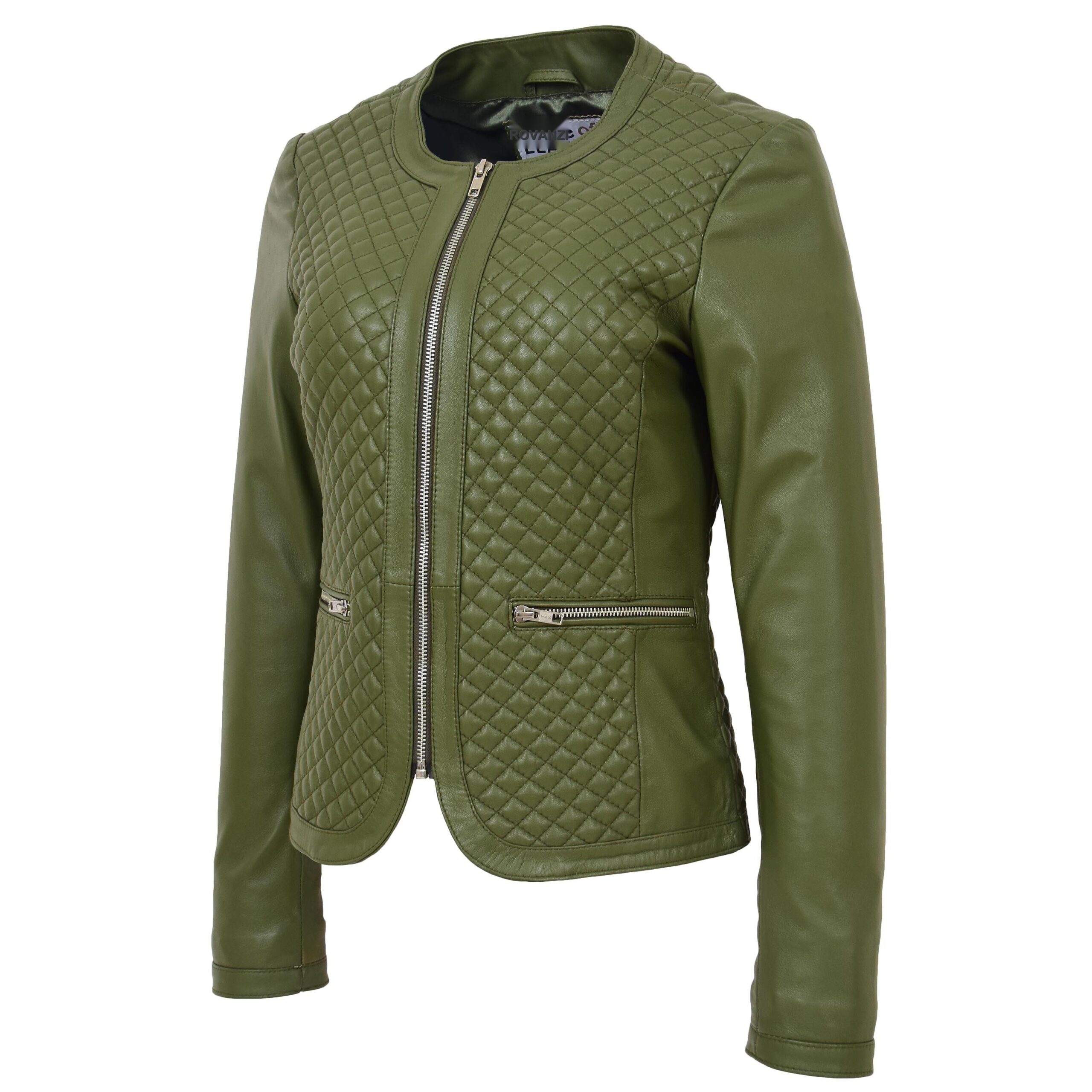 BUNERI Veste en Cuir sans Col pour Femme Motif Matelassé Vert Olive – Image 4