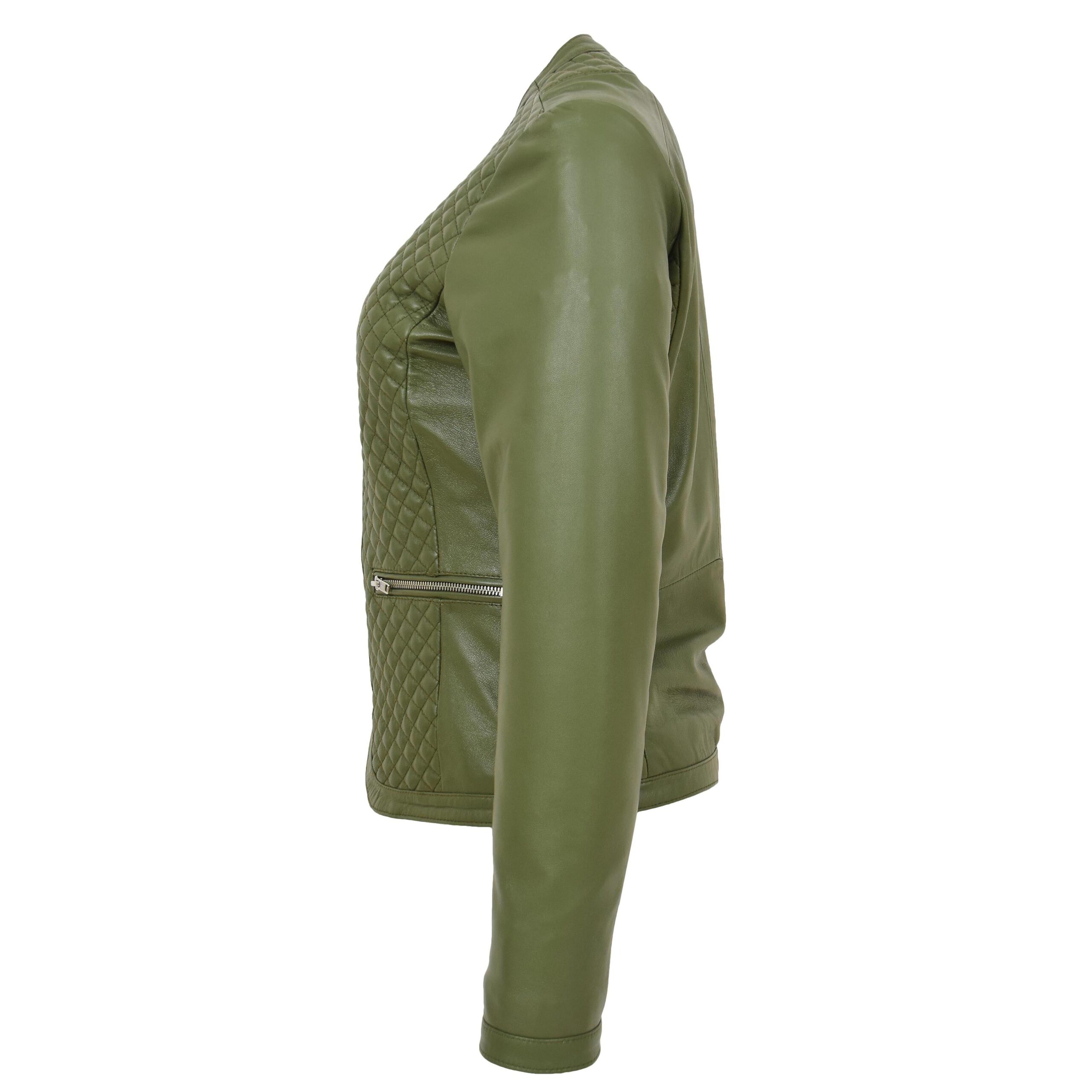 BUNERI Veste en Cuir sans Col pour Femme Motif Matelassé Vert Olive – Image 5