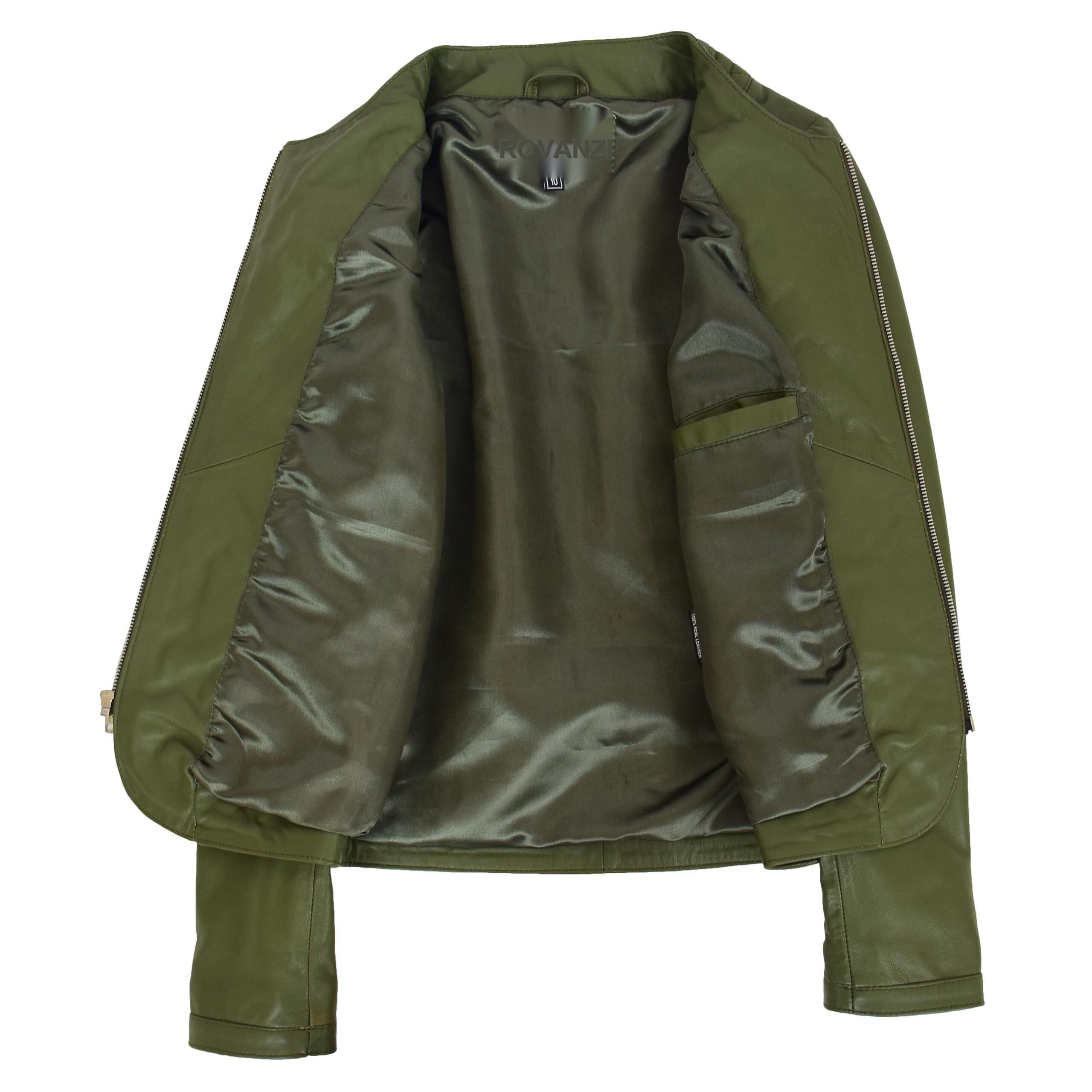 BUNERI Veste en Cuir sans Col pour Femme Motif Matelassé Vert Olive – Image 6