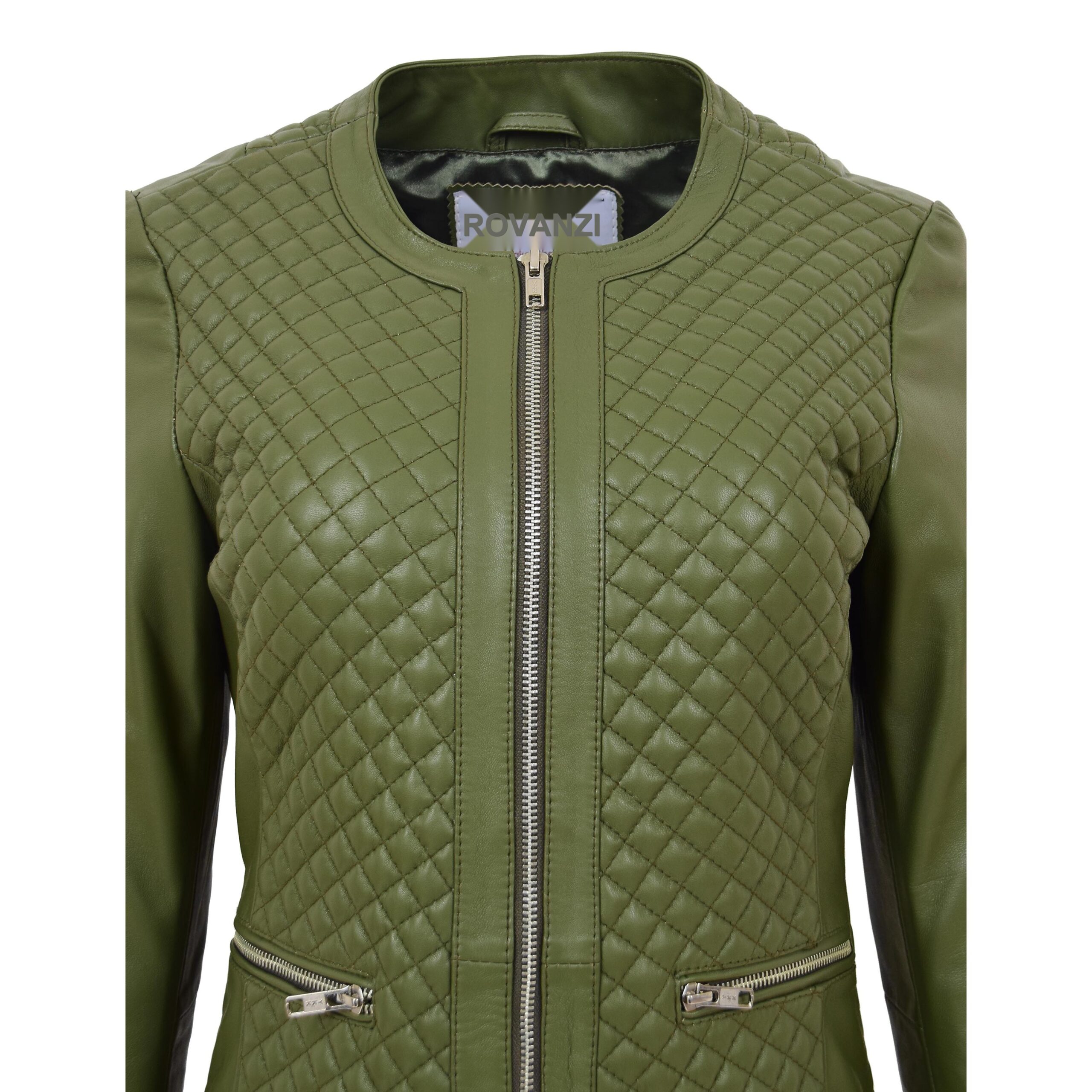 BUNERI Veste en Cuir sans Col pour Femme Motif Matelassé Vert Olive – Image 7