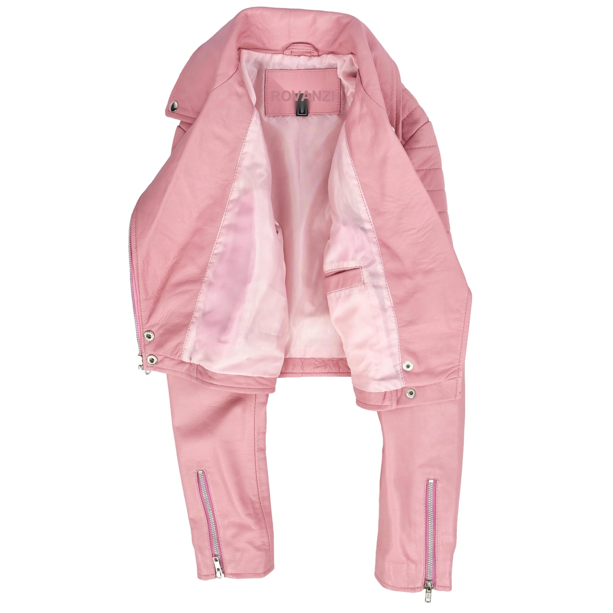 BUNERI Blouson Biker Court en Cuir Rose Bébé pour Femme – Image 2