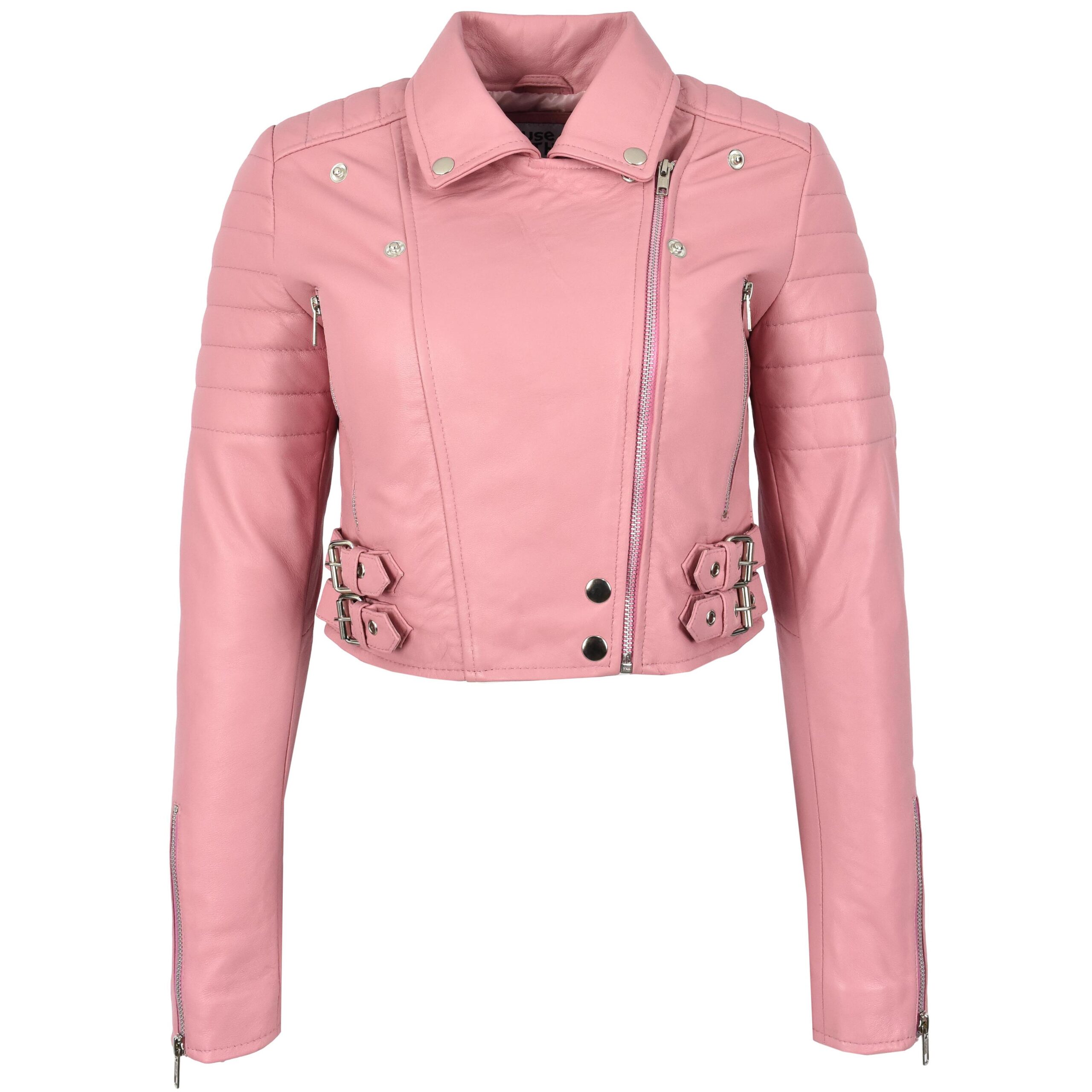 BUNERI Blouson Biker Court en Cuir Rose Bébé pour Femme – Image 4