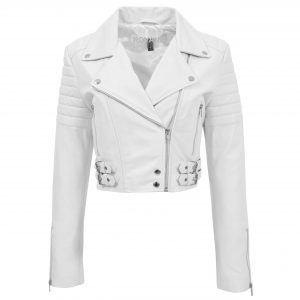 BUNERI Veste en Cuir Blanc Courte Biker pour Femme