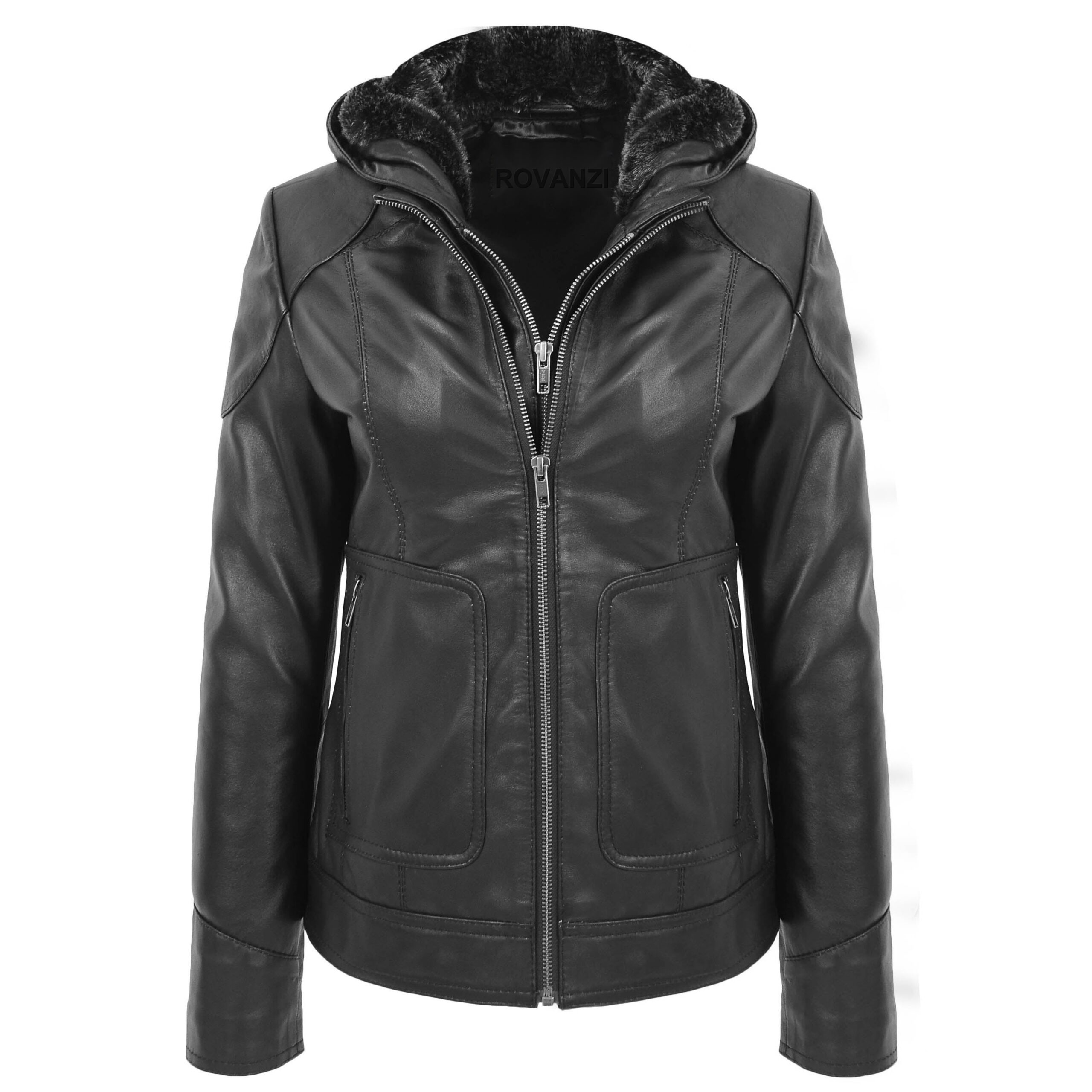 BUNERI Manteau en Cuir Noir avec Capuche Amovible pour Femme