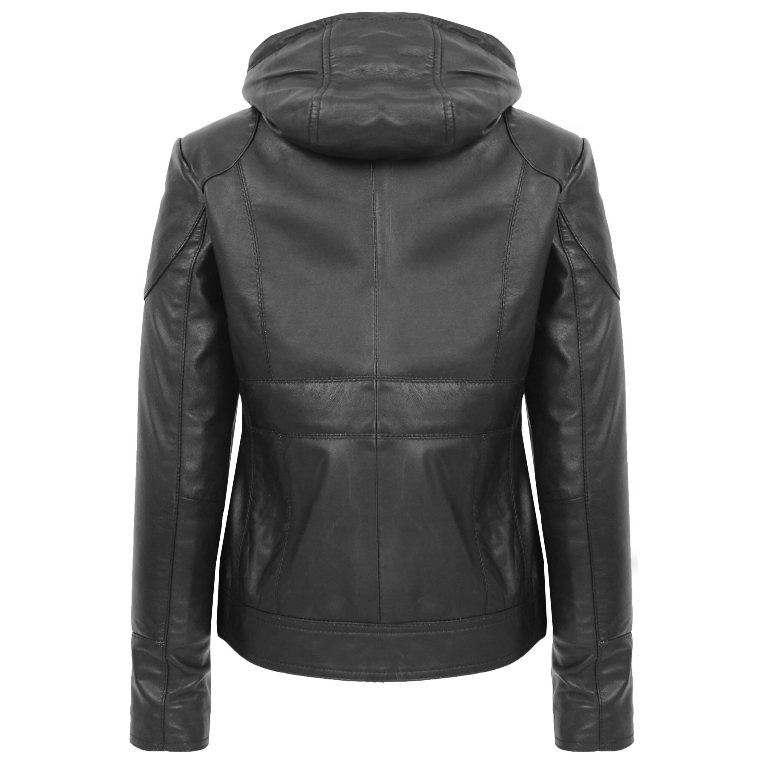 BUNERI Manteau en Cuir Noir avec Capuche Amovible pour Femme – Image 2