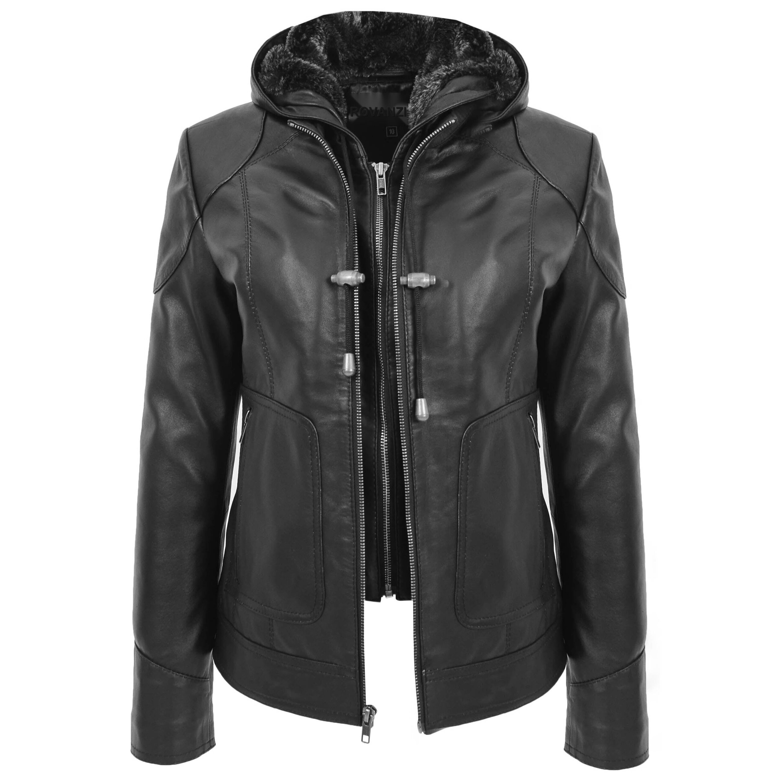 BUNERI Manteau en Cuir Noir avec Capuche Amovible pour Femme – Image 3