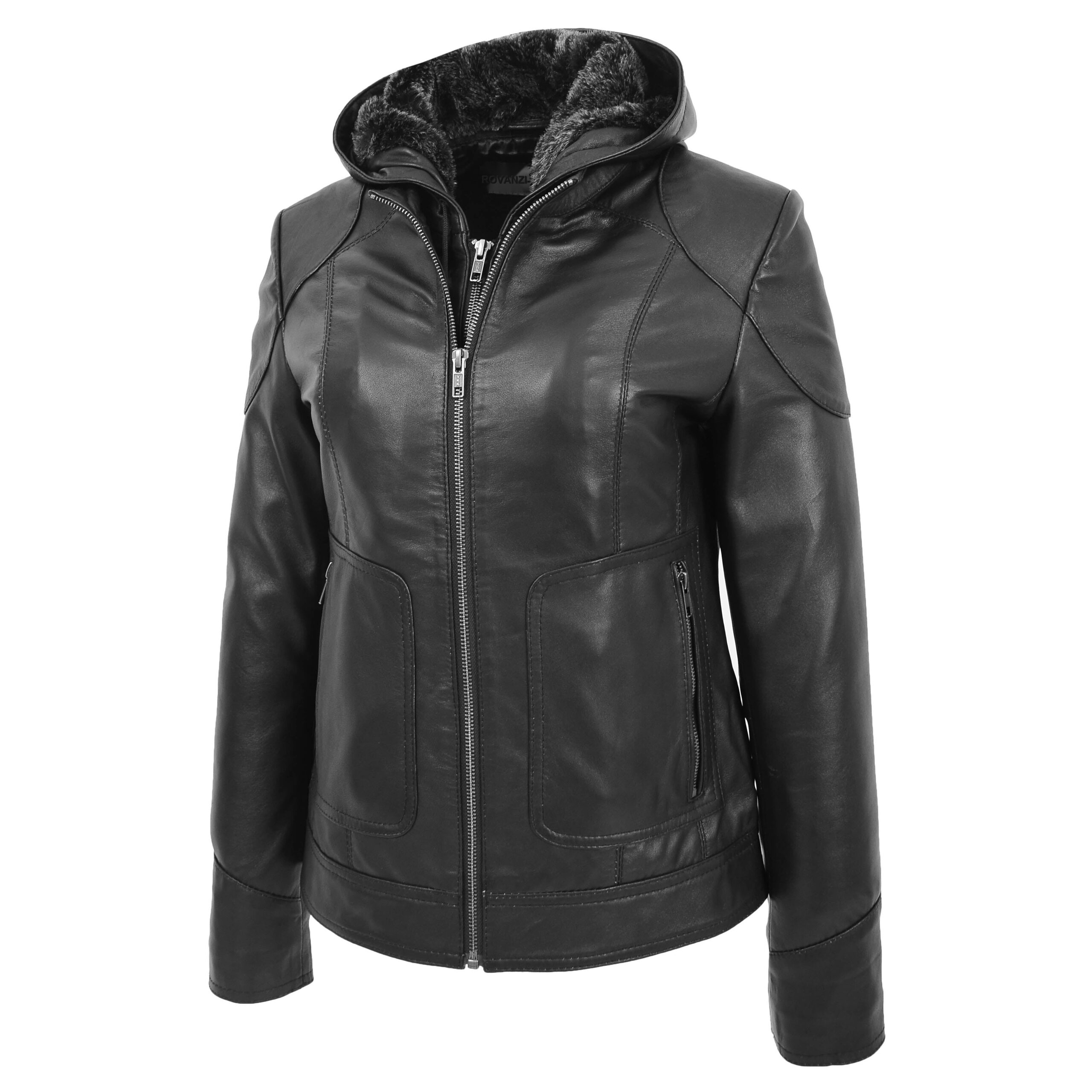 BUNERI Manteau en Cuir Noir avec Capuche Amovible pour Femme – Image 5
