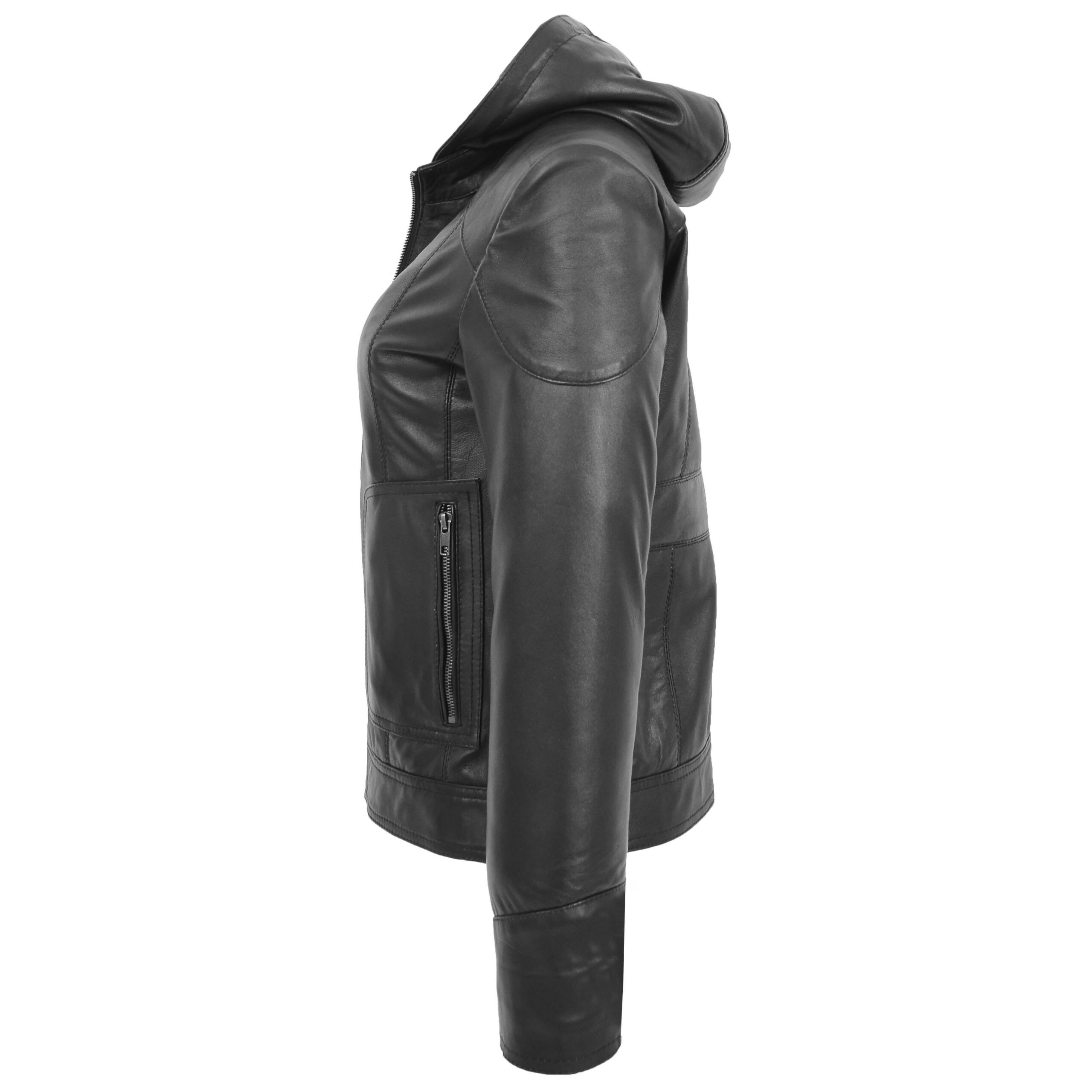 BUNERI Manteau en Cuir Noir avec Capuche Amovible pour Femme – Image 6