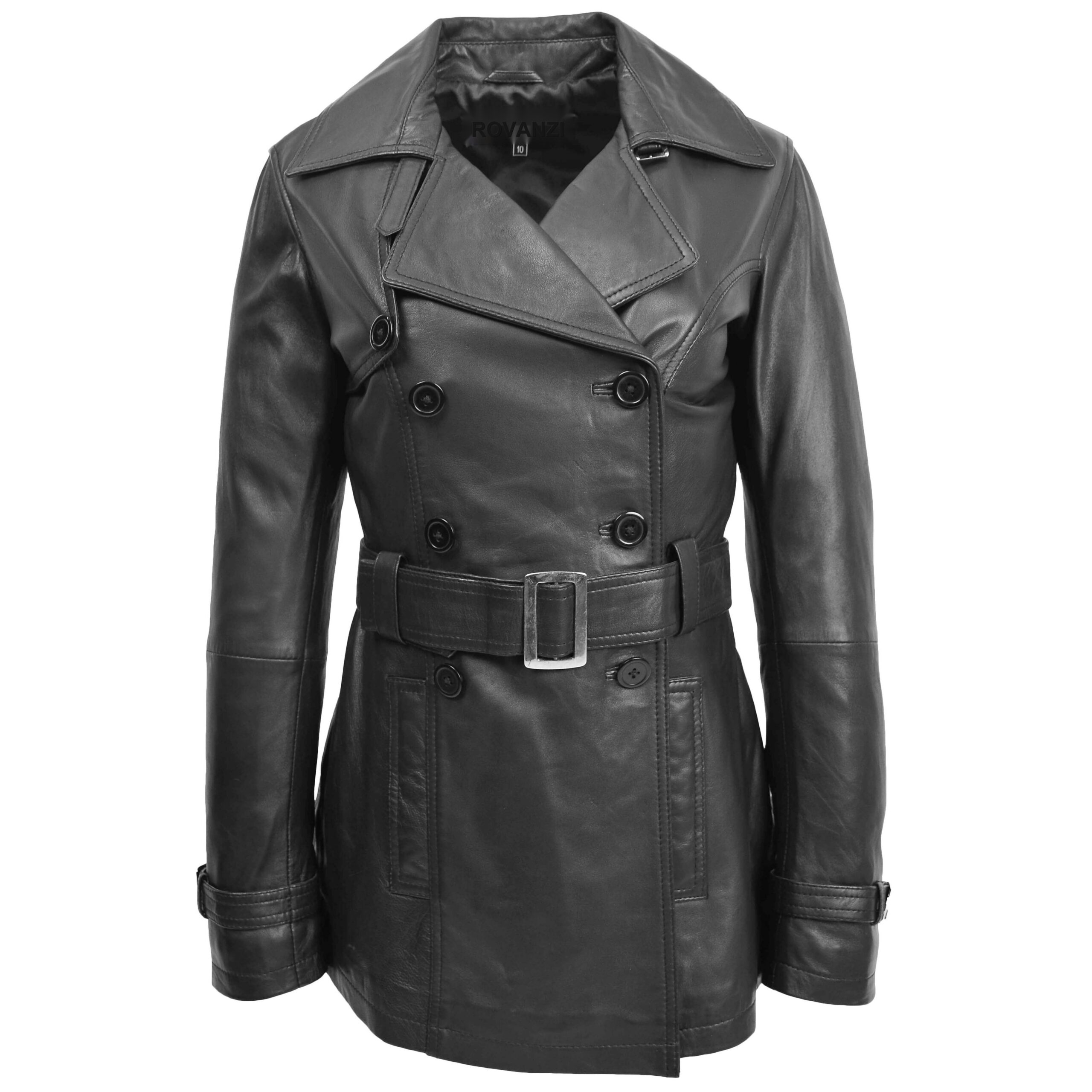 BUNERI Trench en Cuir Double Boutonnage pour Femme Noir