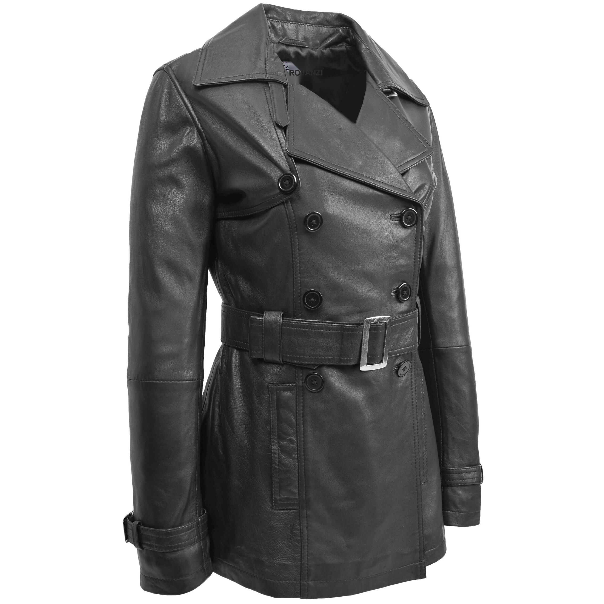 BUNERI Trench en Cuir Double Boutonnage pour Femme Noir – Image 3