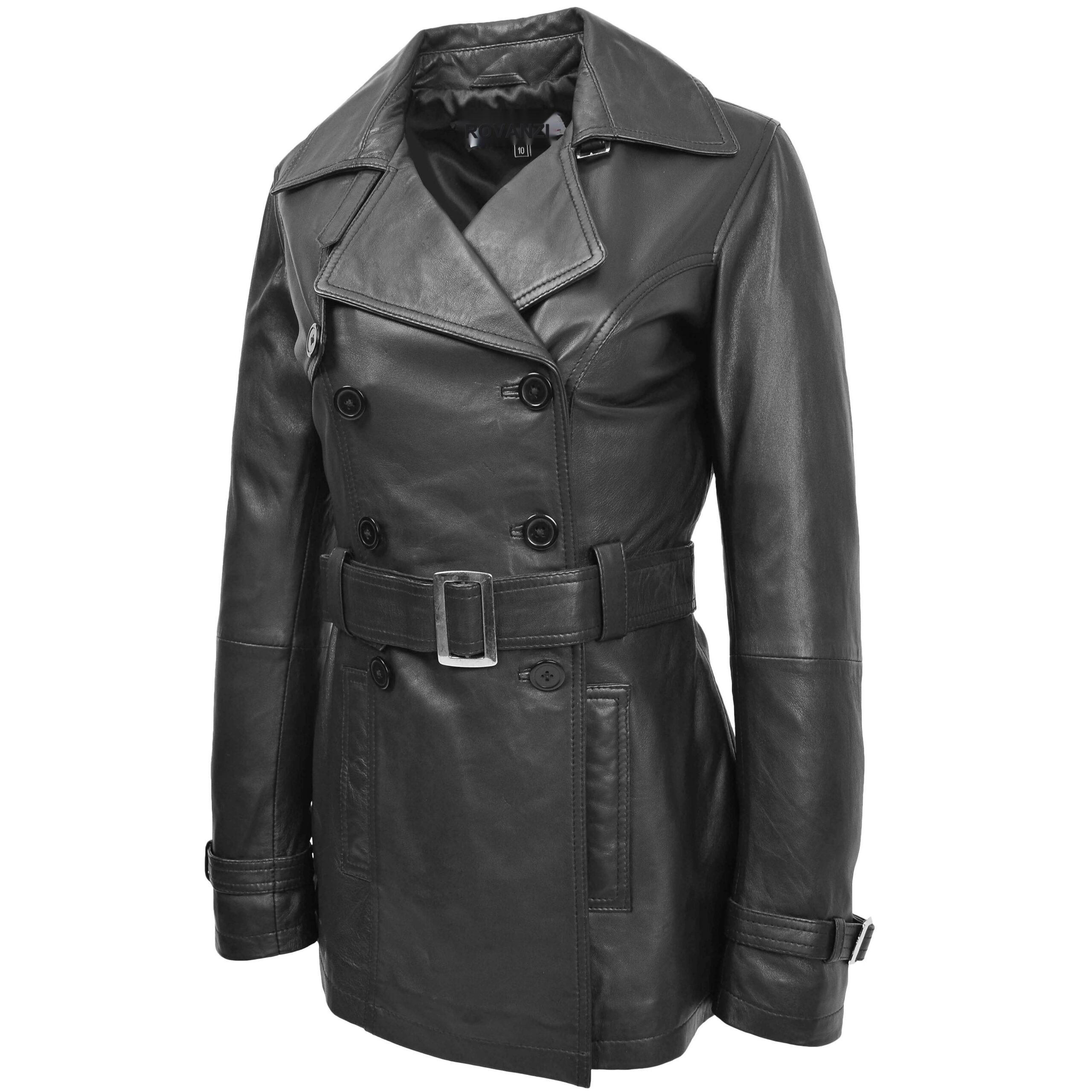 BUNERI Trench en Cuir Double Boutonnage pour Femme Noir – Image 4