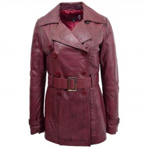 BUNERI Manteau Trench en Cuir Bordeaux pour Femme Croisé