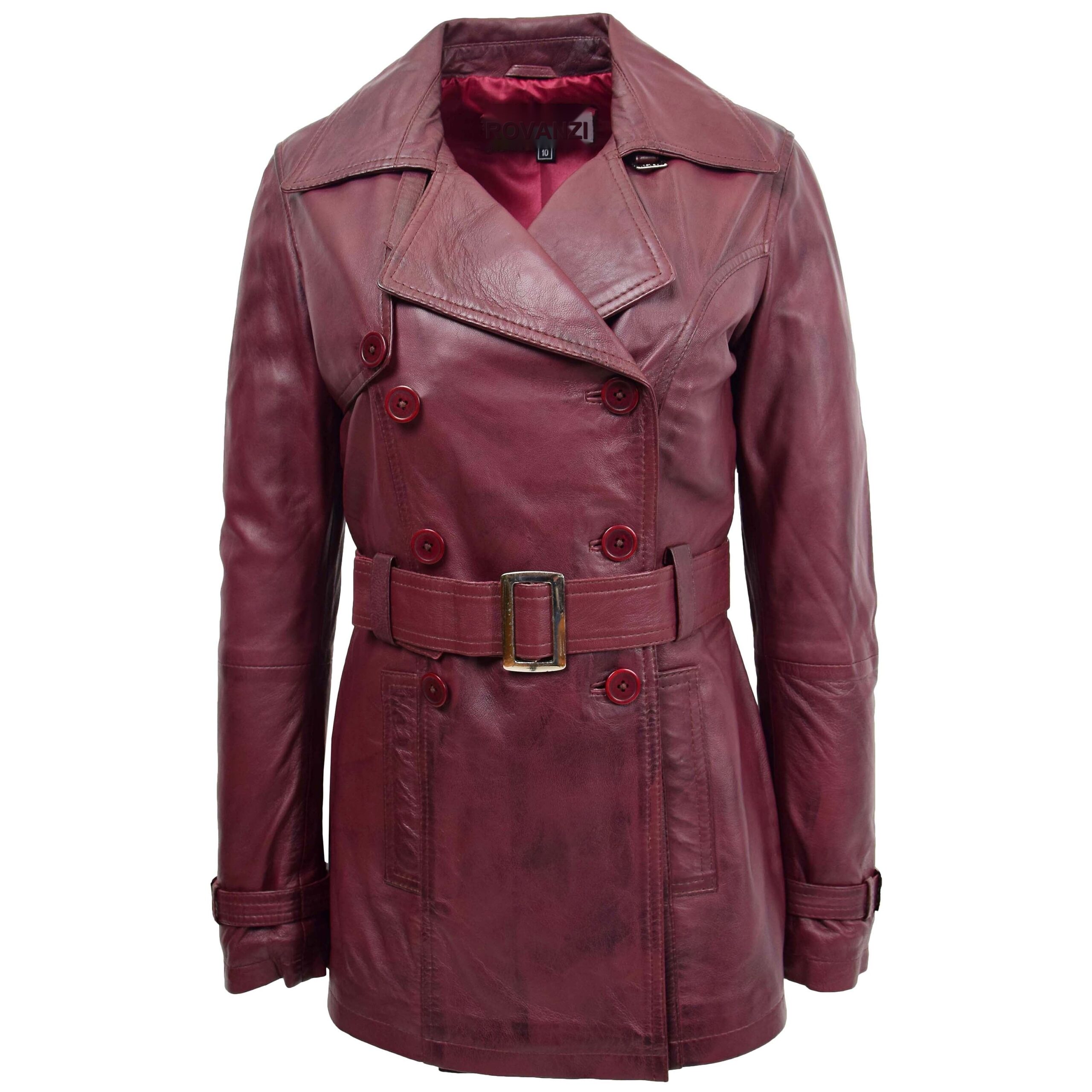 BUNERI Manteau Trench en Cuir Bourgogne Croisé pour Femme
