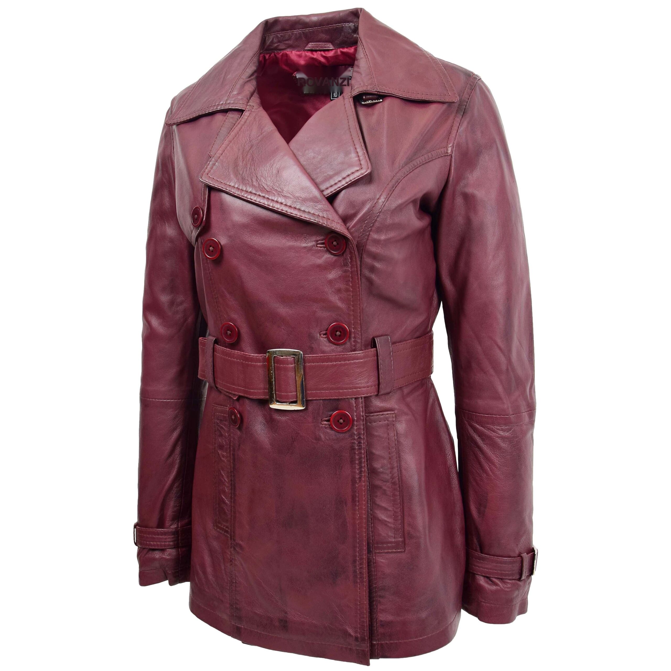 BUNERI Manteau Trench en Cuir Bourgogne Croisé pour Femme – Image 3