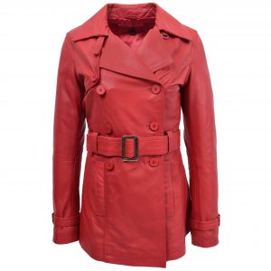 BUNERI Manteau Trench en Cuir Rouge pour Femme Croisé