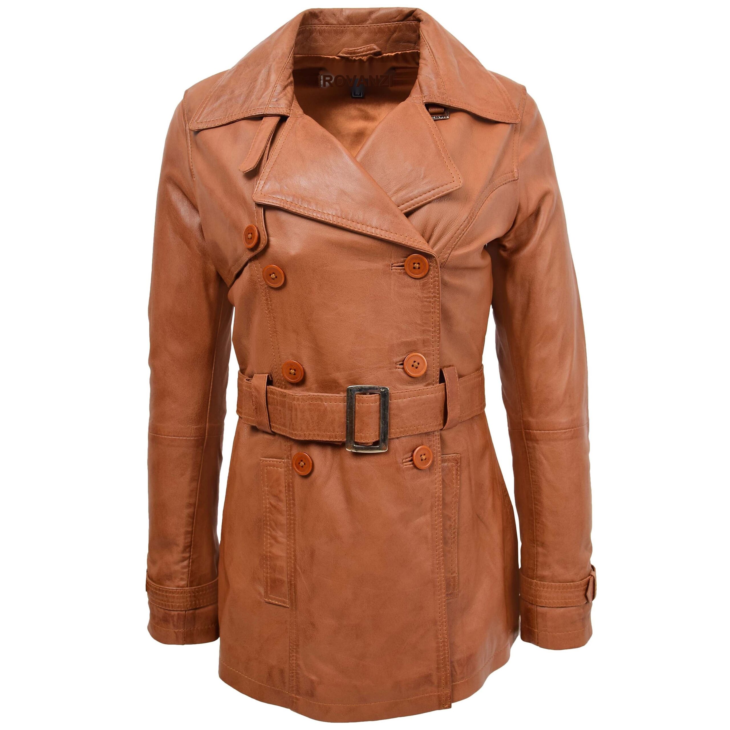 BUNERI Manteau Trench en Cuir Tan Croisé pour Femme