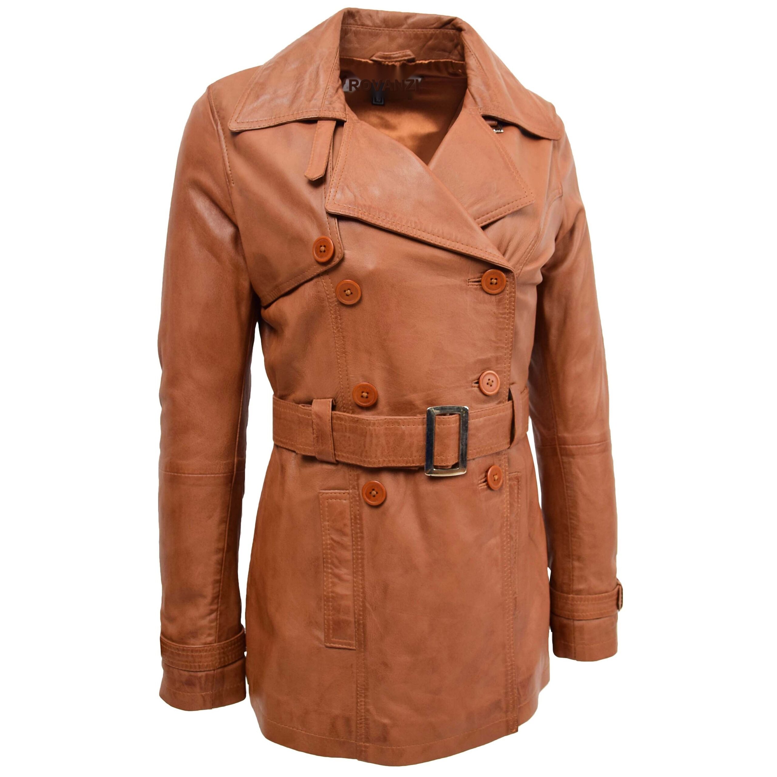 BUNERI Manteau Trench en Cuir Tan Croisé pour Femme – Image 3