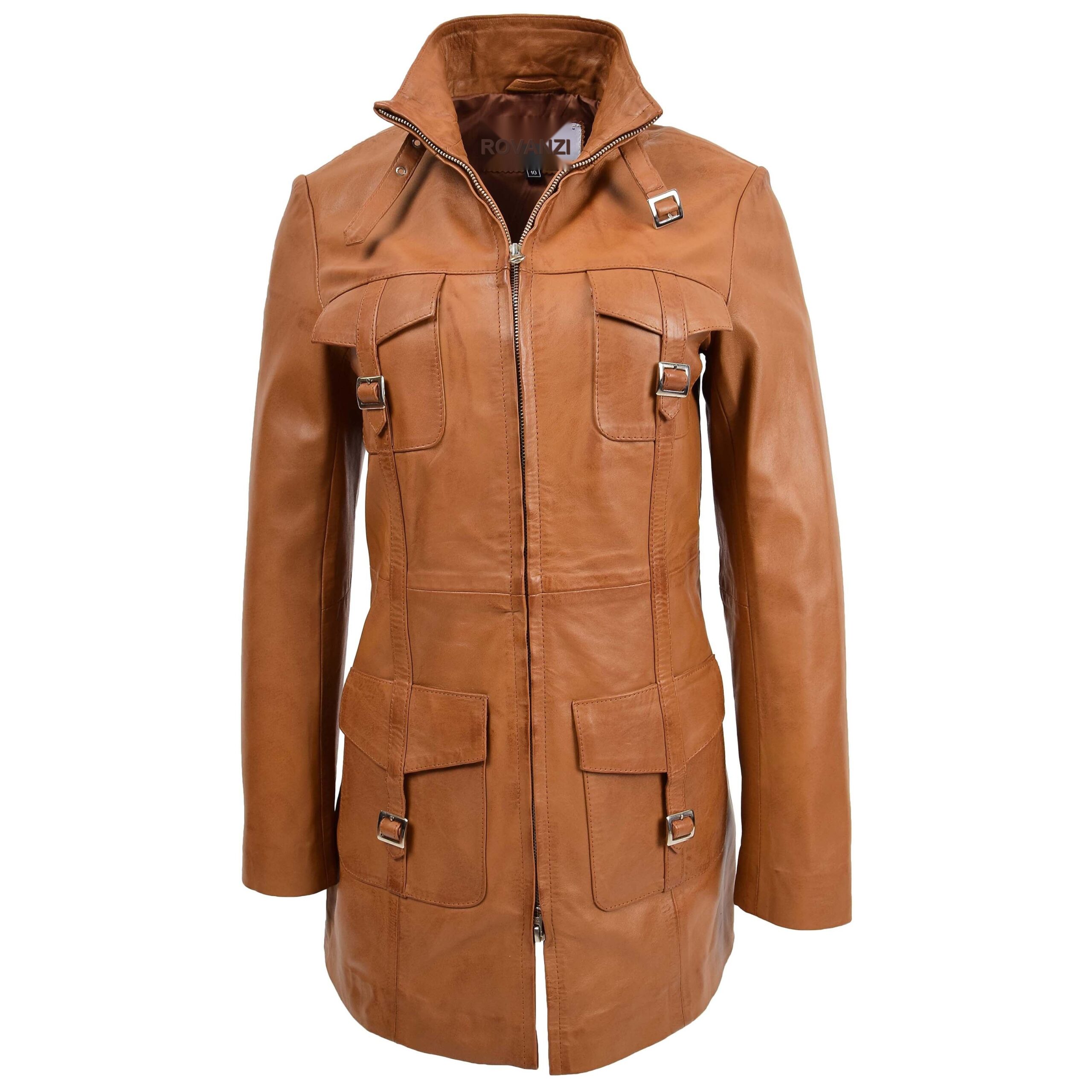 BUNERI Veste en Cuir Tan à Double Zip pour Femme