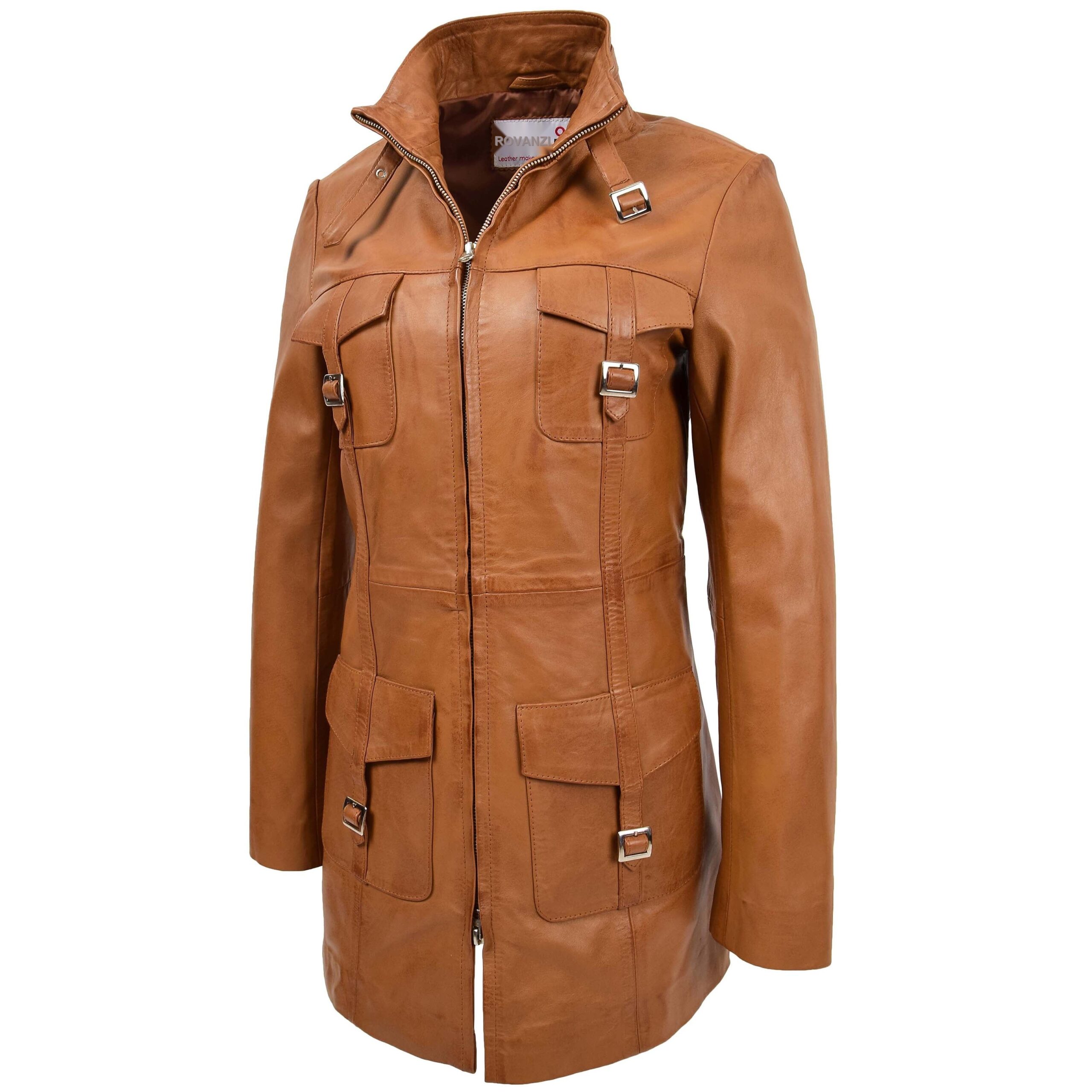 BUNERI Veste en Cuir Tan à Double Zip pour Femme – Image 4