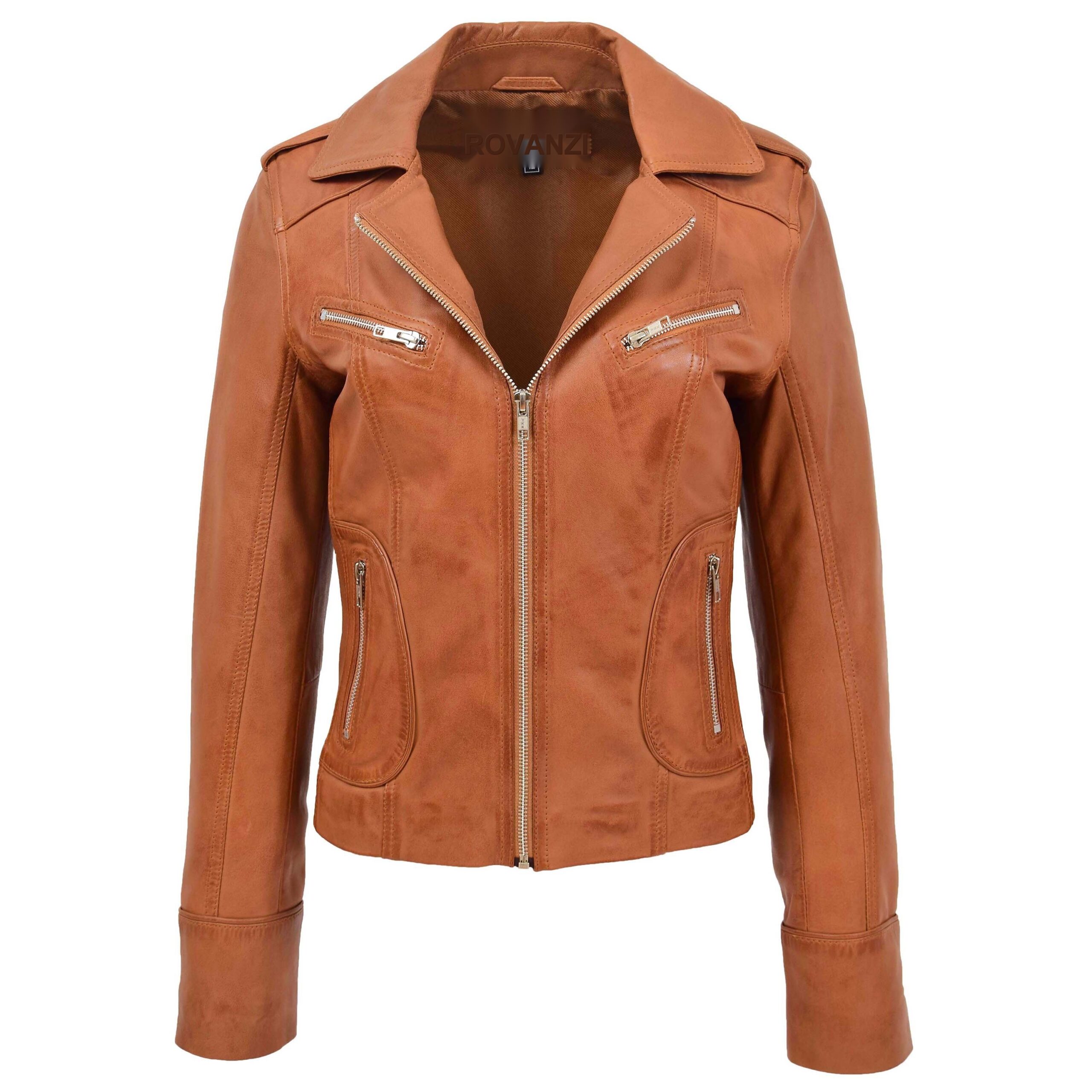 BUNERI Veste Femme Cuir Ajuste Style Biker Beige Clair