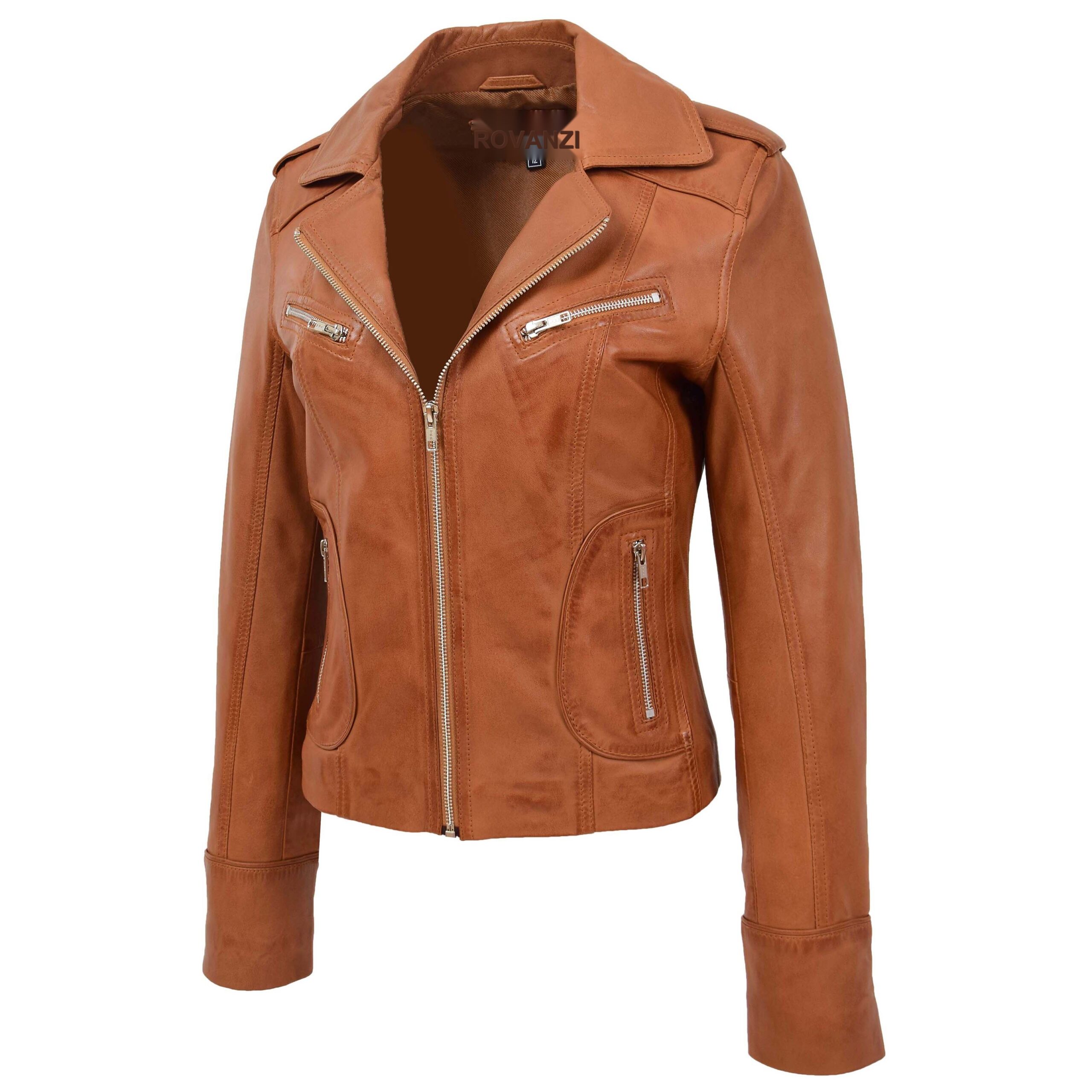 BUNERI Veste Femme Cuir Ajuste Style Biker Beige Clair – Image 4