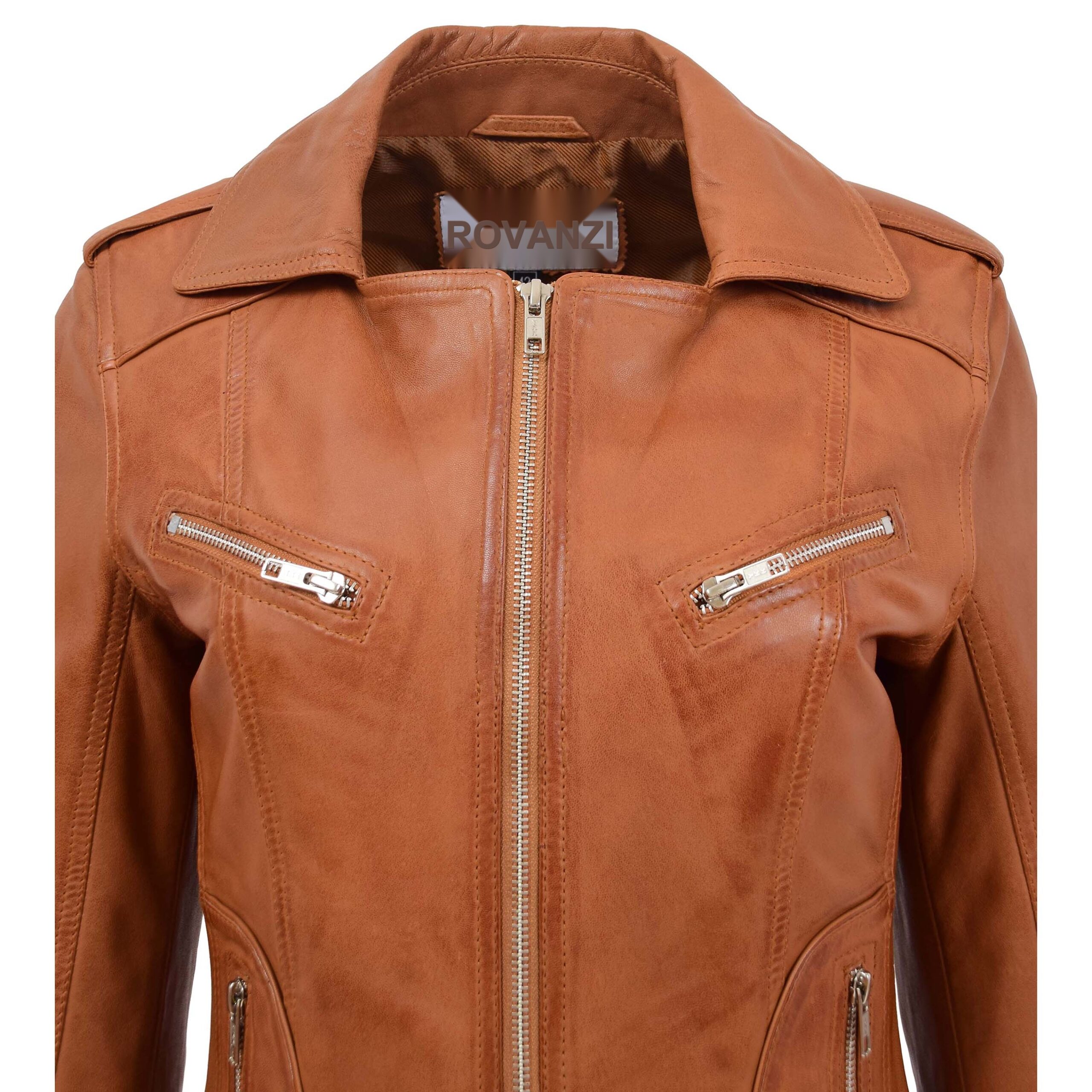 BUNERI Veste Femme Cuir Ajuste Style Biker Beige Clair – Image 7