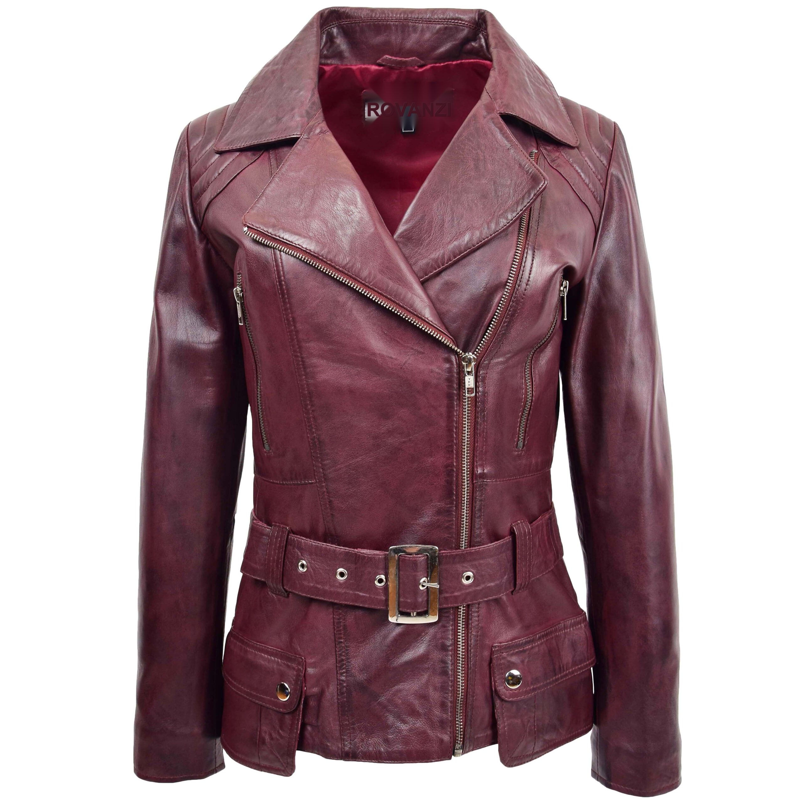 BUNERI Veste Biker en Cuir Mi-Hanches pour Femme Bordeaux