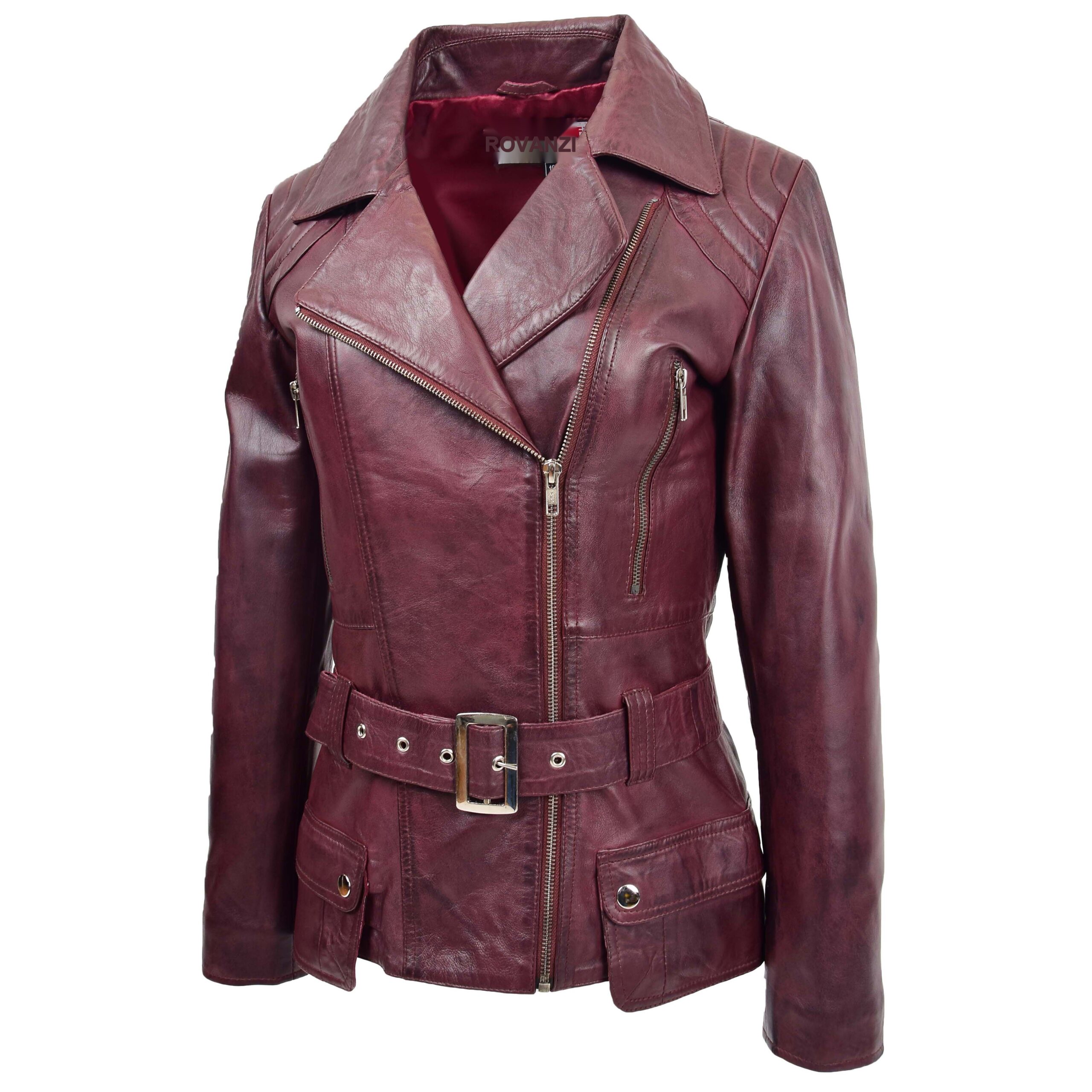 BUNERI Veste Biker en Cuir Mi-Hanches pour Femme Bordeaux – Image 3