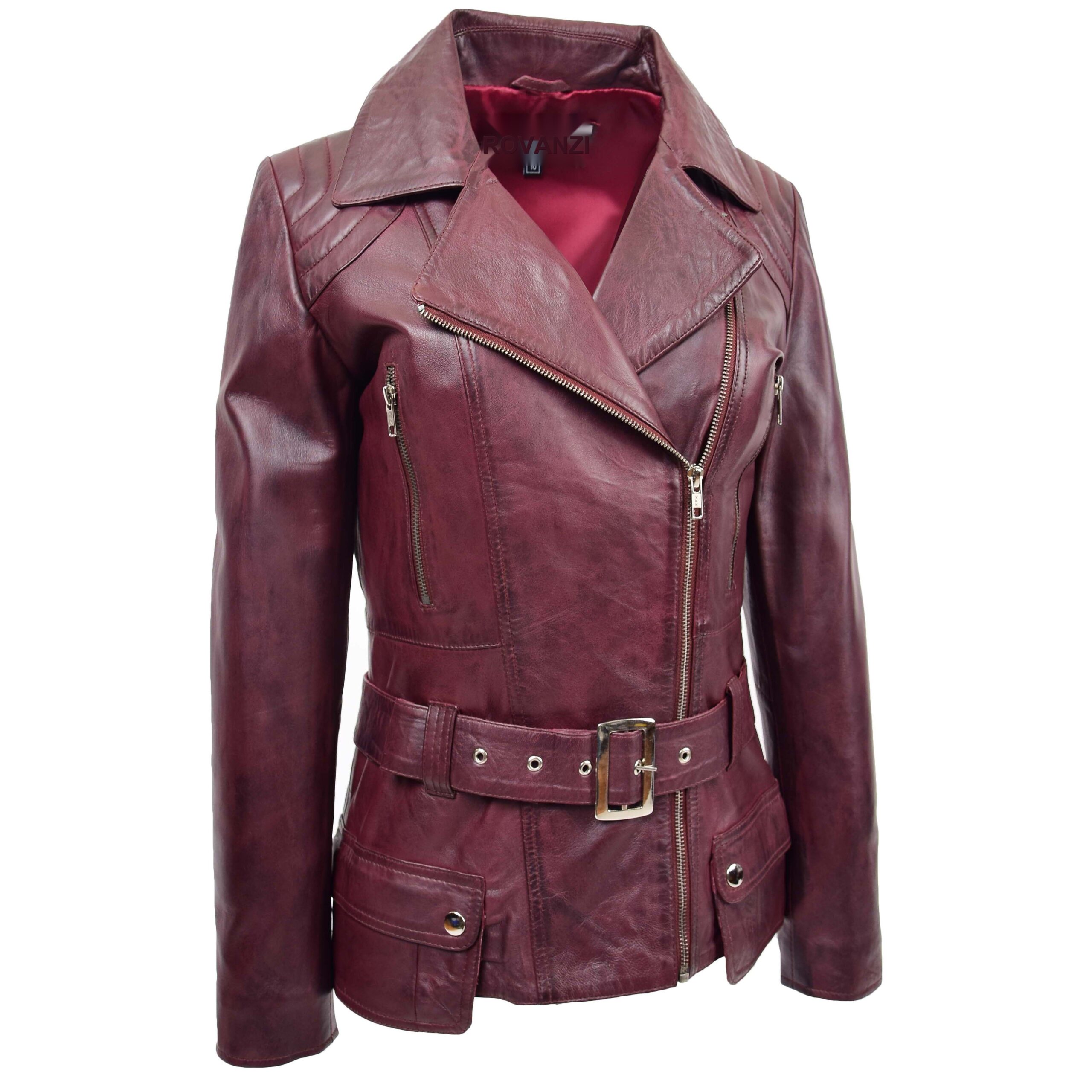 BUNERI Veste Biker en Cuir Mi-Hanches pour Femme Bordeaux – Image 4