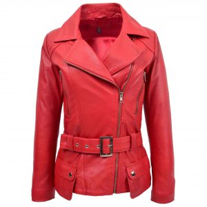BUNERI Veste Biker Femme Cuir Longueur Hanche Rouge