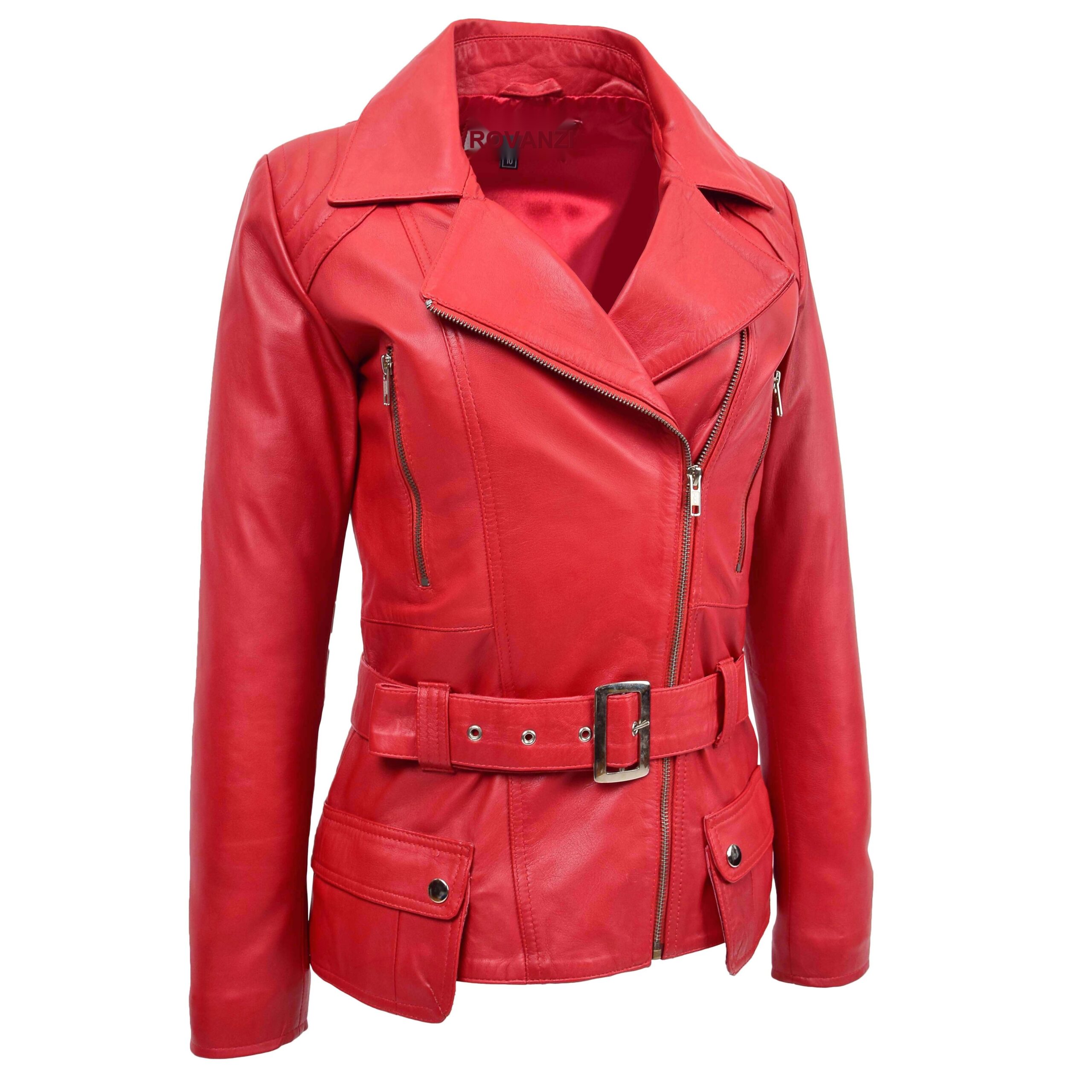 BUNERI Veste Biker Femme Cuir Longueur Hanche Rouge – Image 3