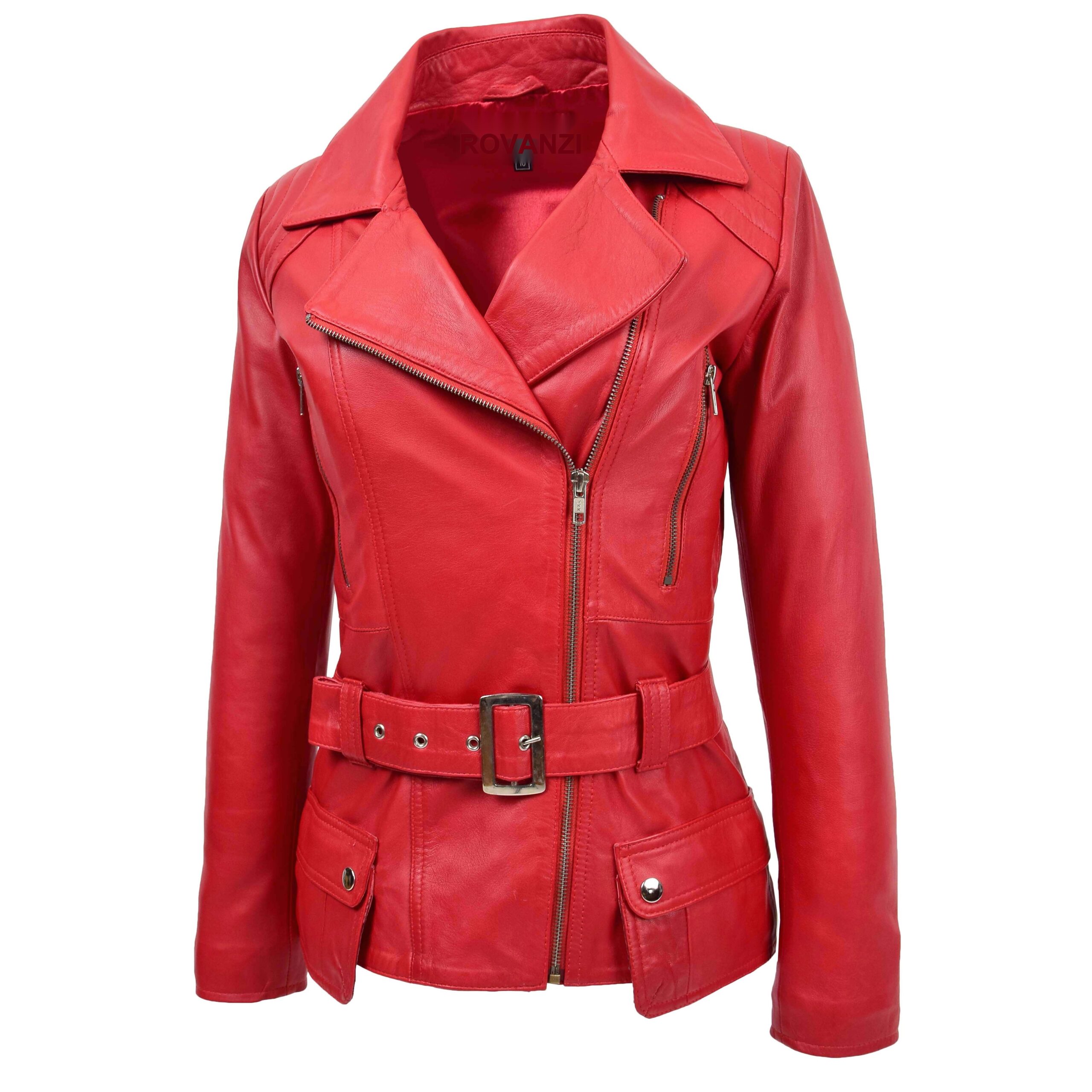 BUNERI Veste Biker Femme Cuir Longueur Hanche Rouge – Image 4
