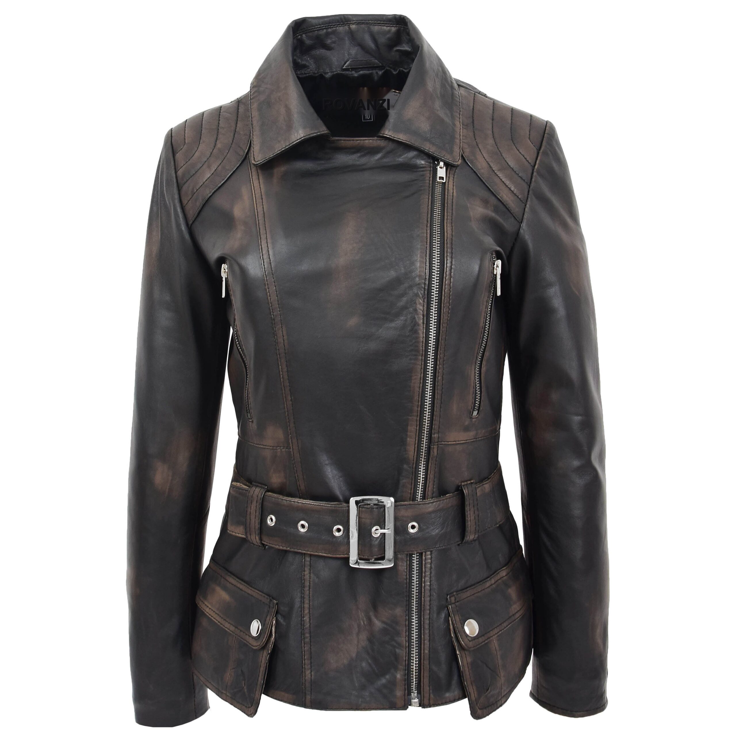 BUNERI Biker Celia en Cuir Longueur Hanche Rub-Off – Image 3