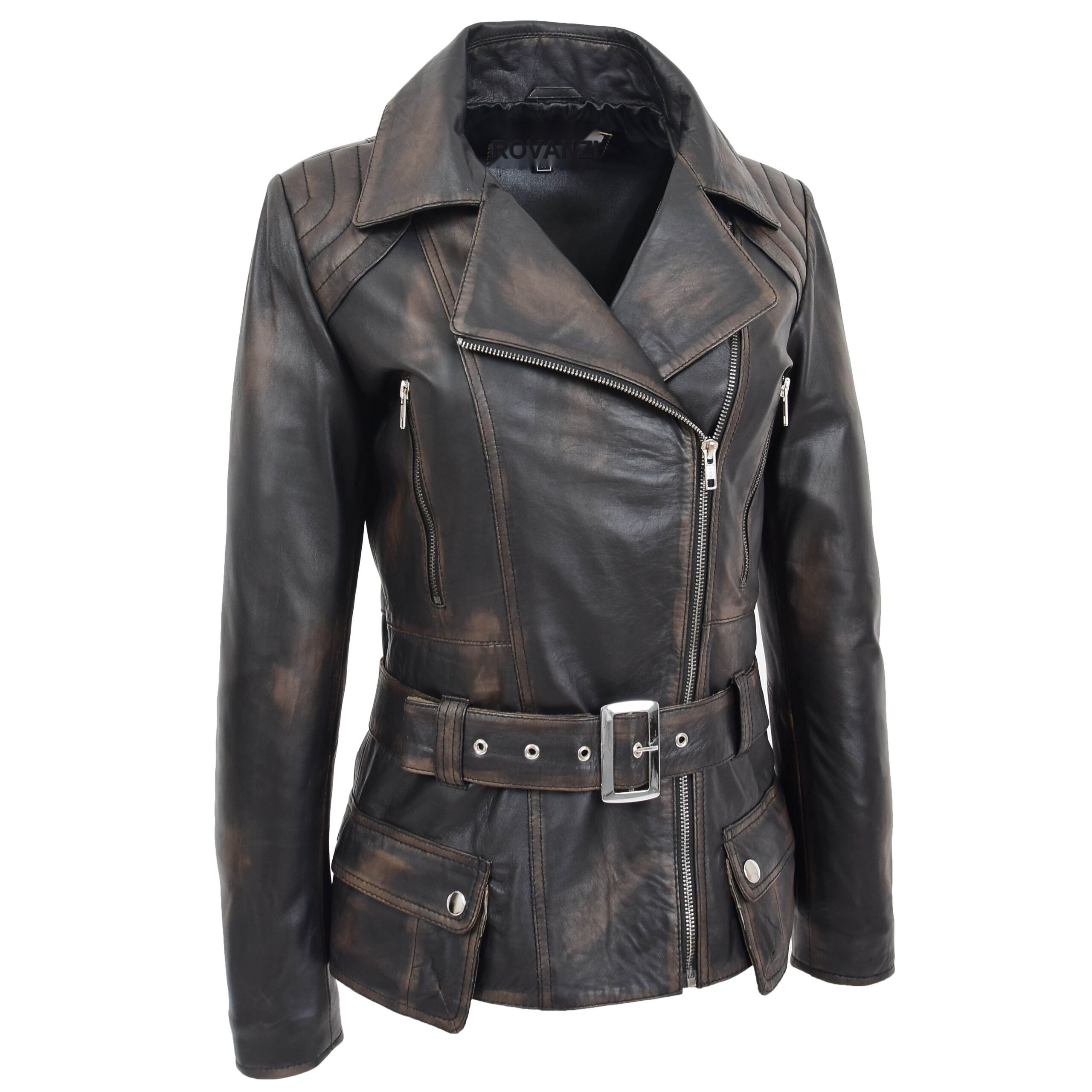 BUNERI Biker Celia en Cuir Longueur Hanche Rub-Off – Image 4
