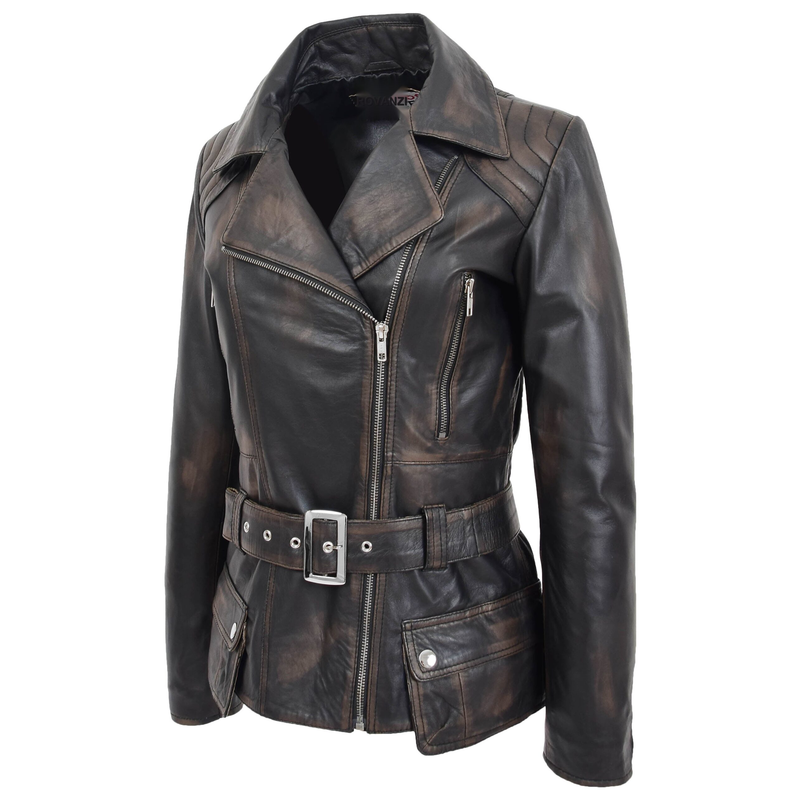 BUNERI Biker Celia en Cuir Longueur Hanche Rub-Off – Image 5