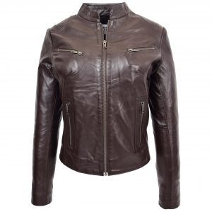 BUNERI Veste Femme Cuir Col Montant Marron