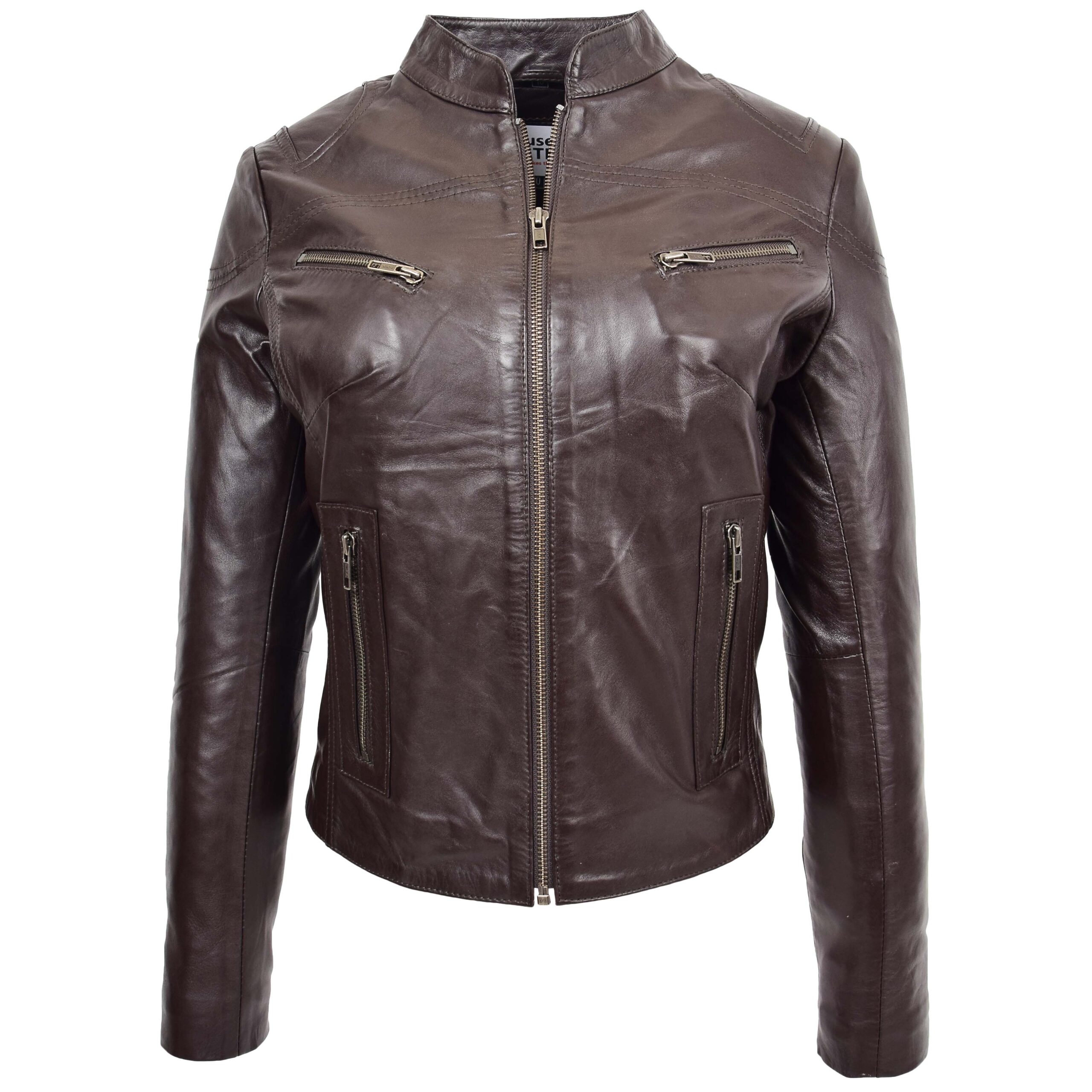 BUNERI Veste Femme Cuir Col Montant Marron