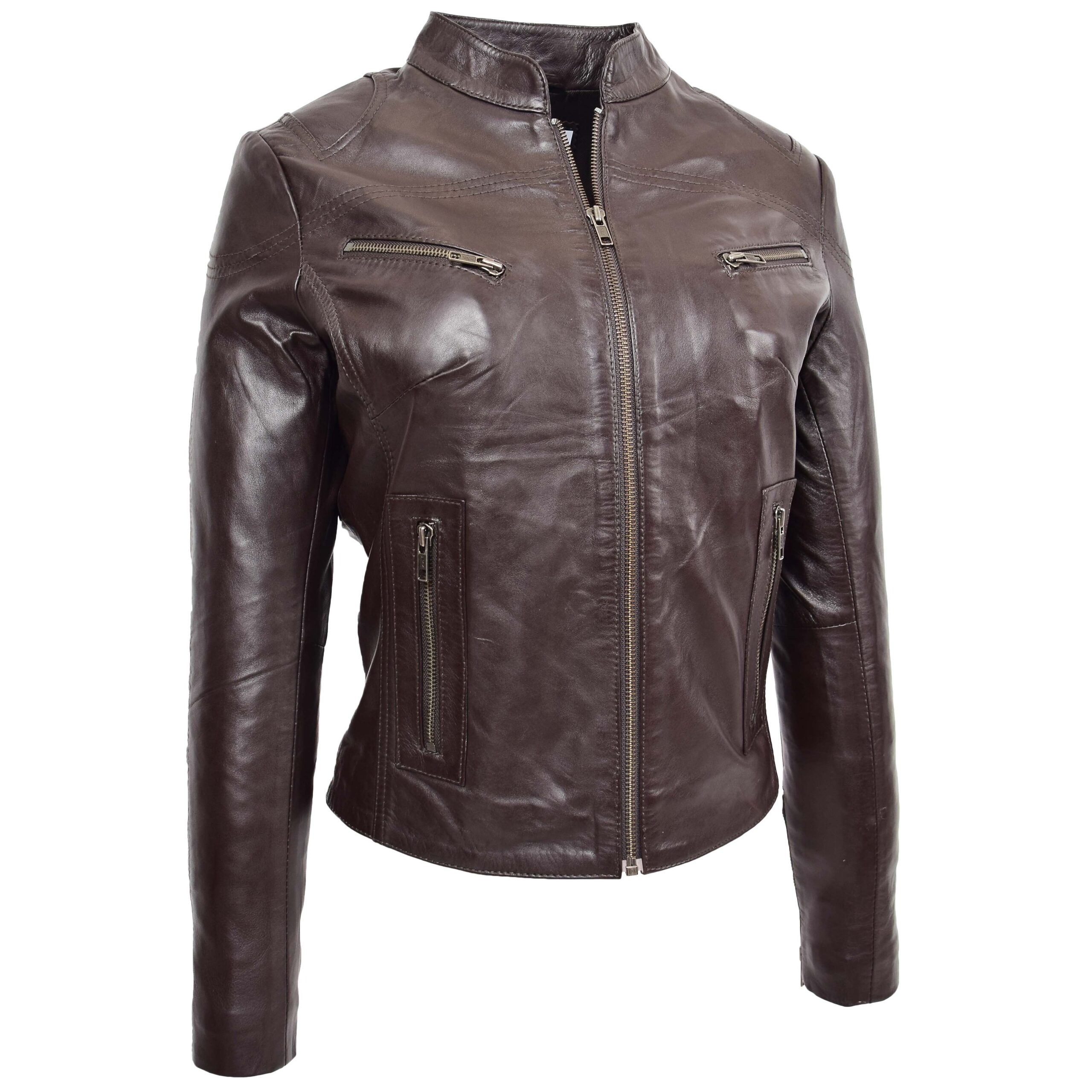 BUNERI Veste Femme Cuir Col Montant Marron – Image 3