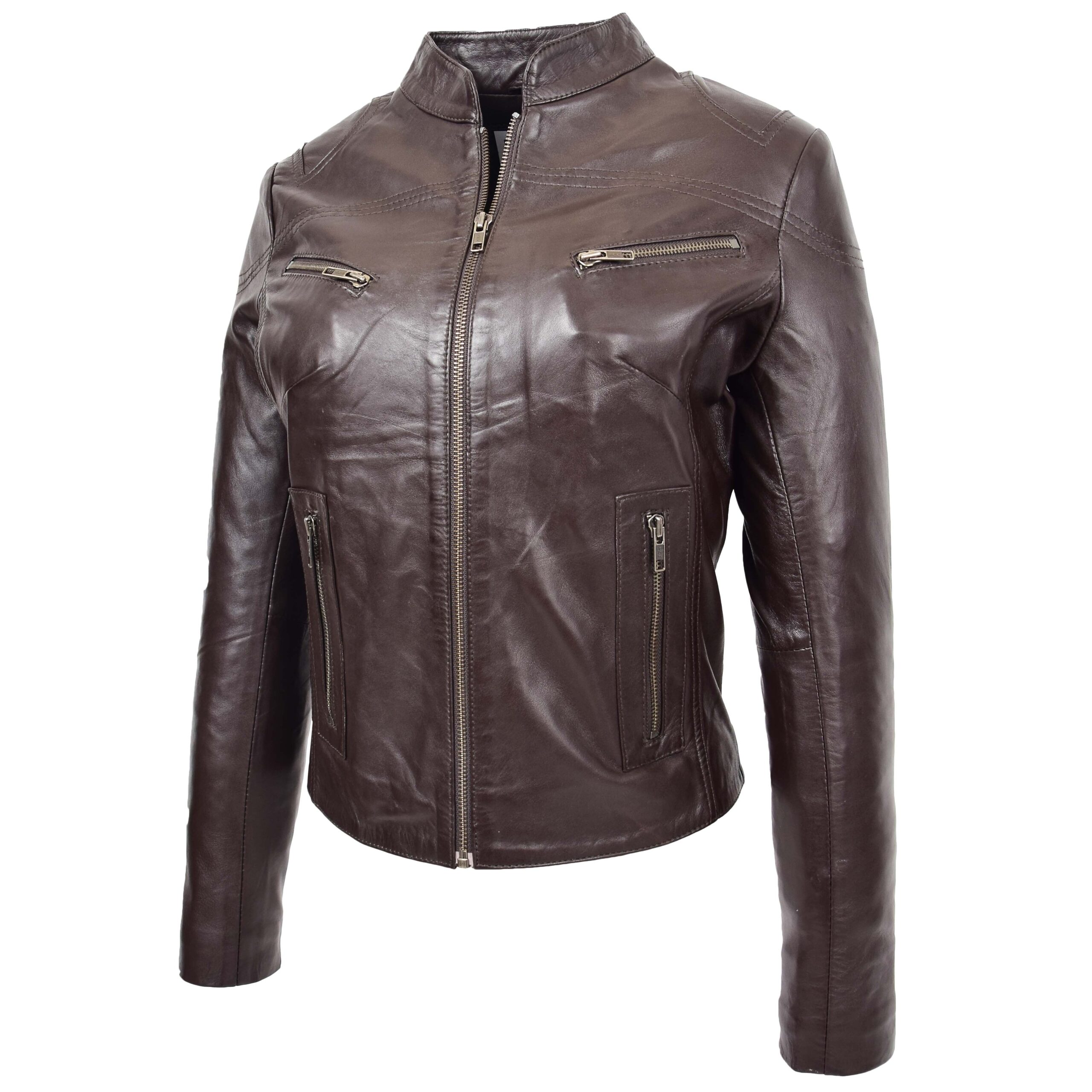 BUNERI Veste Femme Cuir Col Montant Marron – Image 4