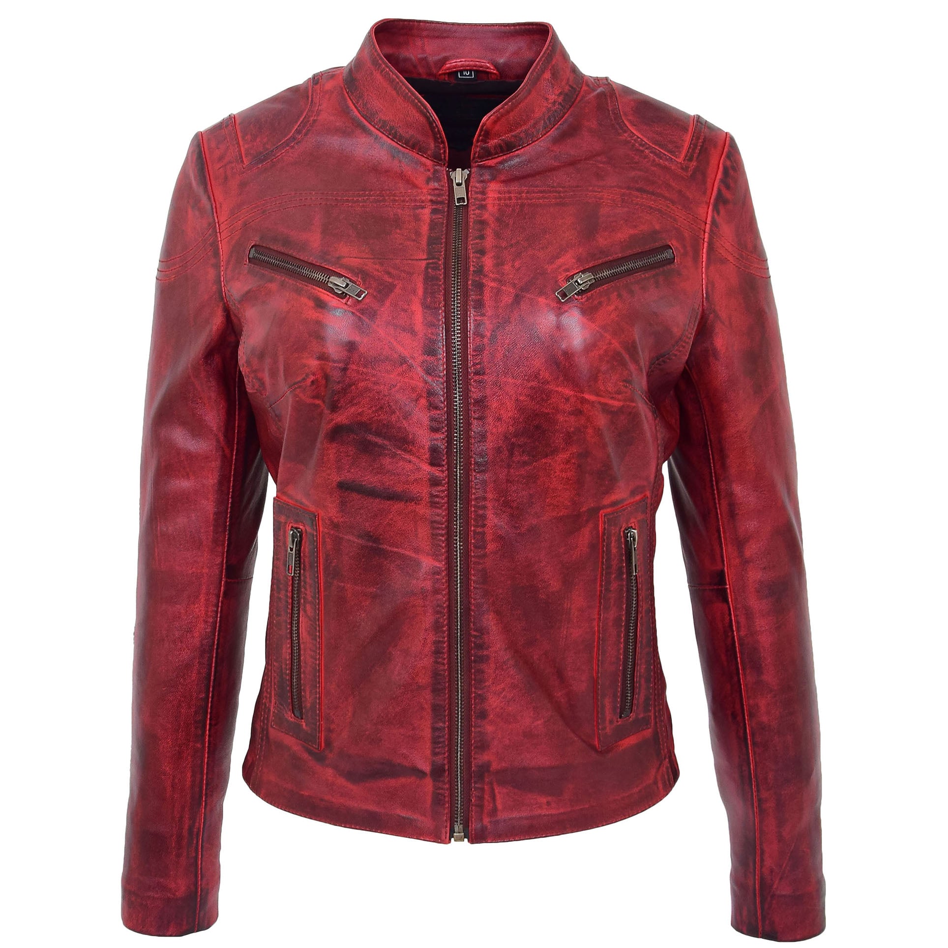 BUNERI Veste en Cuir Col Montant pour Femme Rouge Brûlé