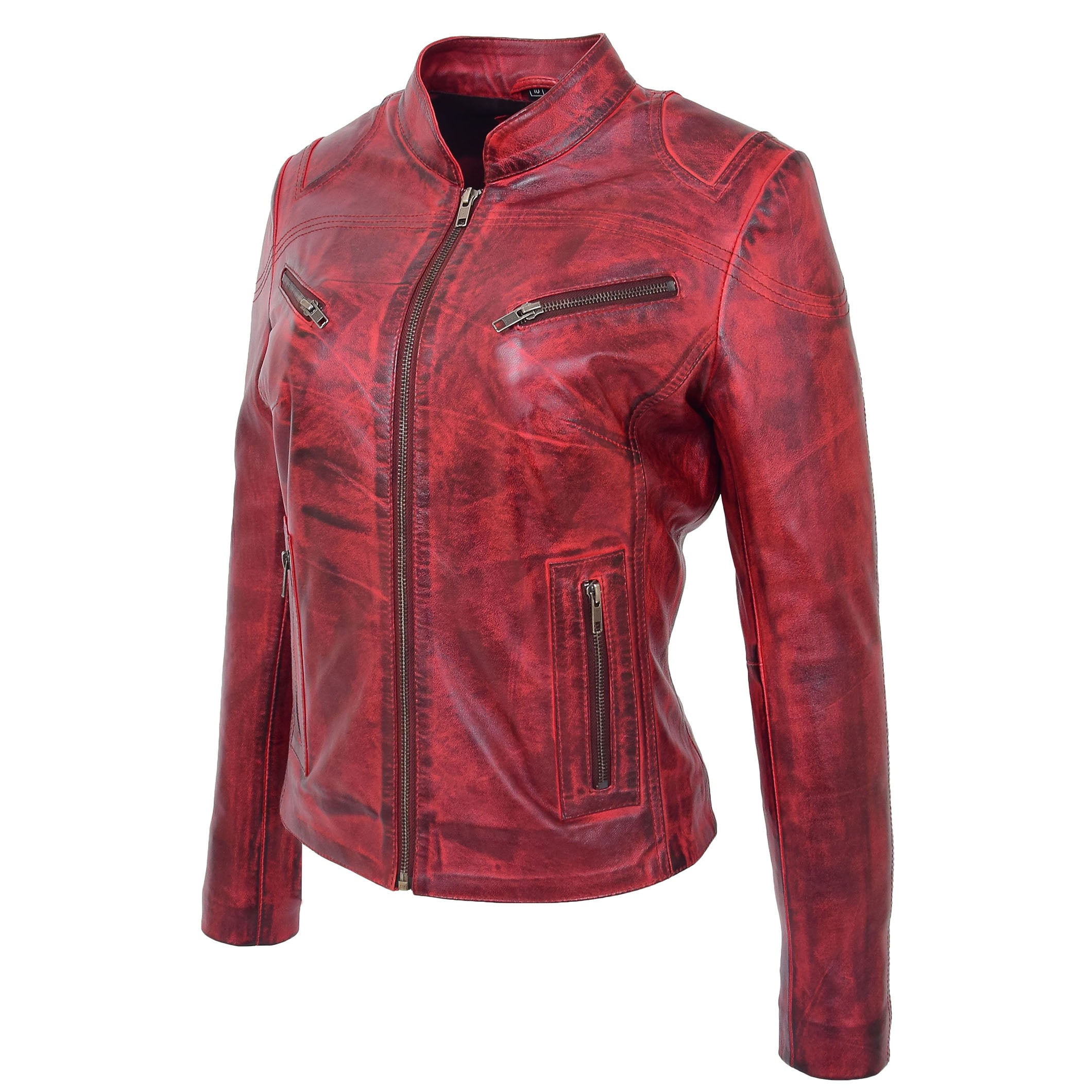 BUNERI Veste en Cuir Col Montant pour Femme Rouge Brûlé – Image 3