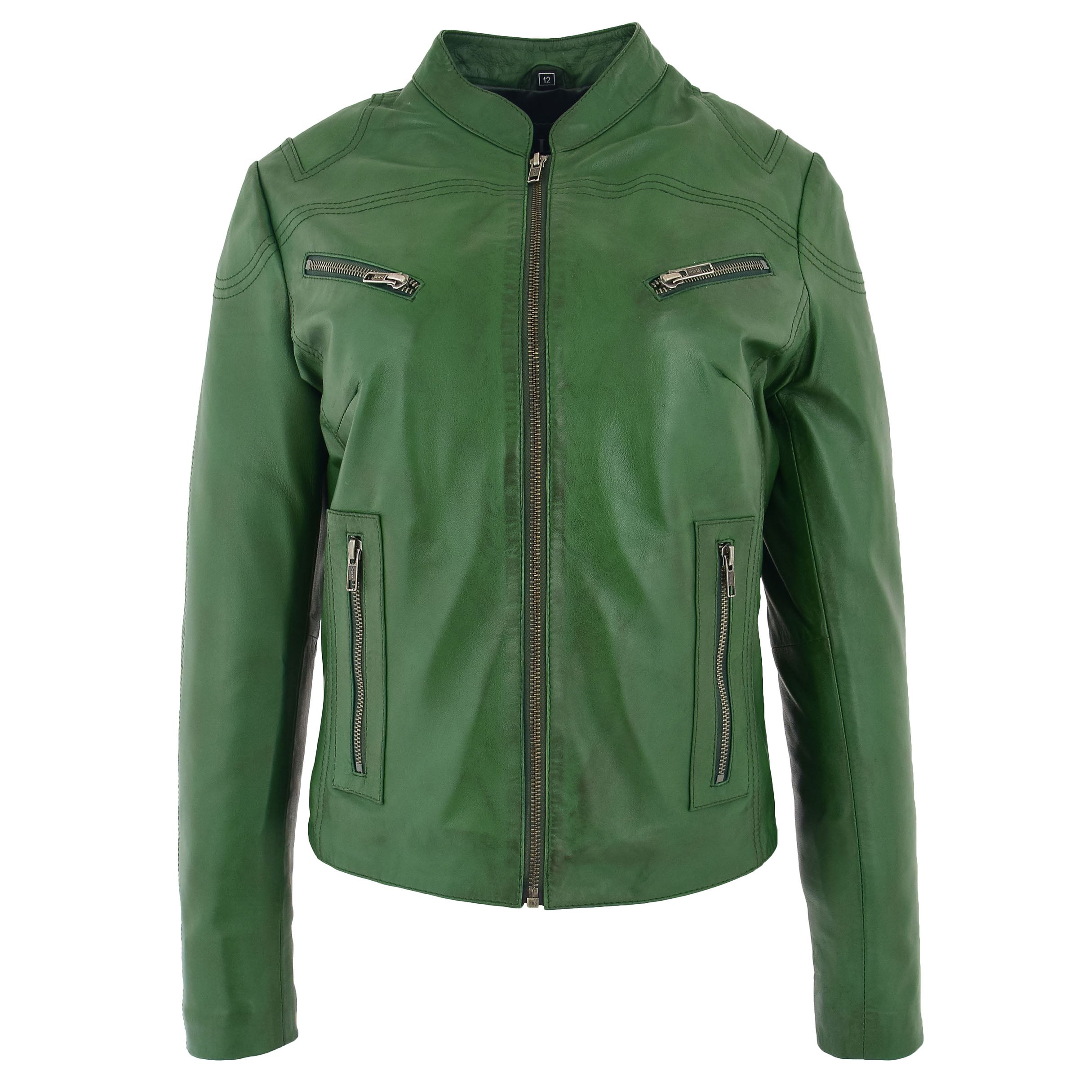 BUNERI Blouson Biker en Cuir Vert pour Femme Col Montant