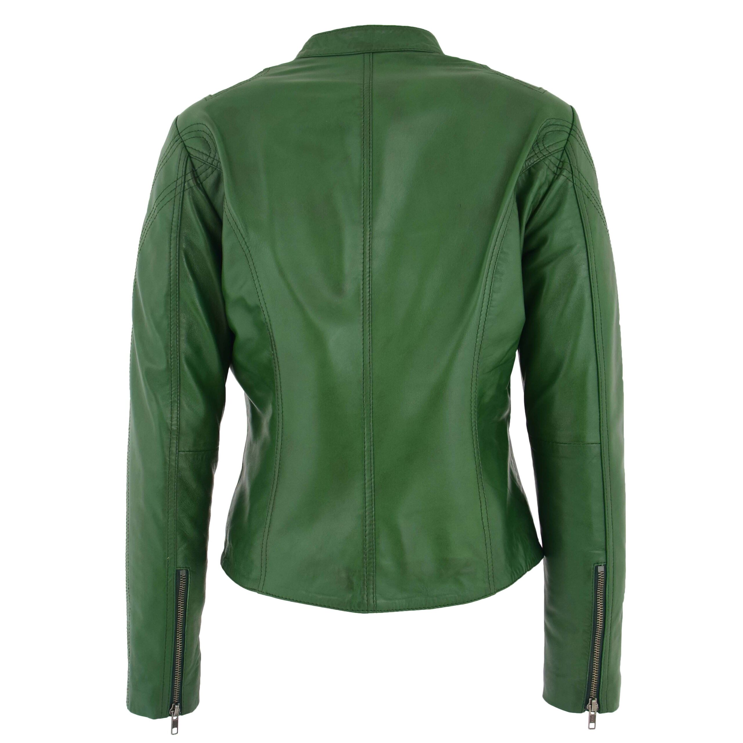 BUNERI Blouson Biker en Cuir Vert pour Femme Col Montant – Image 2