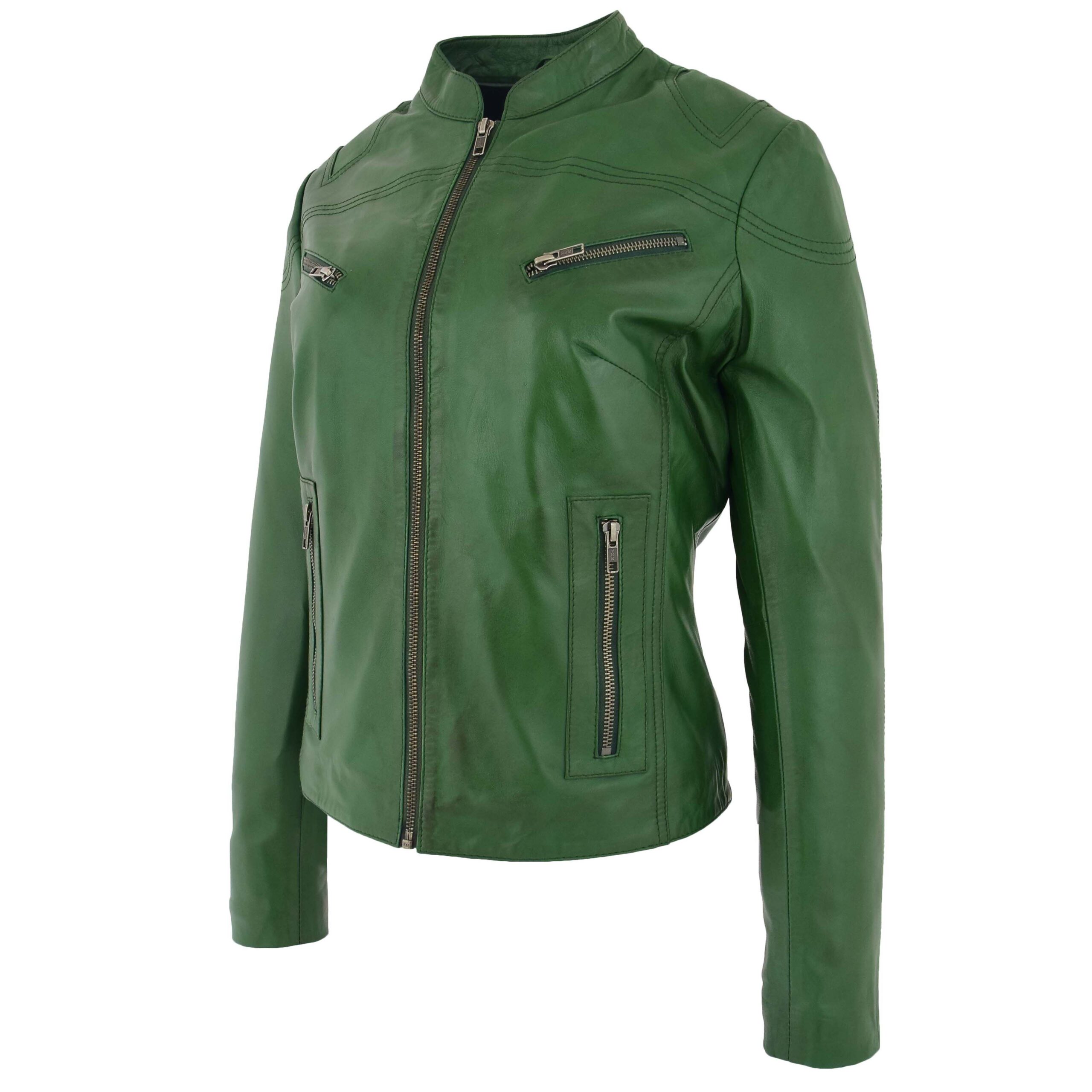 BUNERI Blouson Biker en Cuir Vert pour Femme Col Montant – Image 3