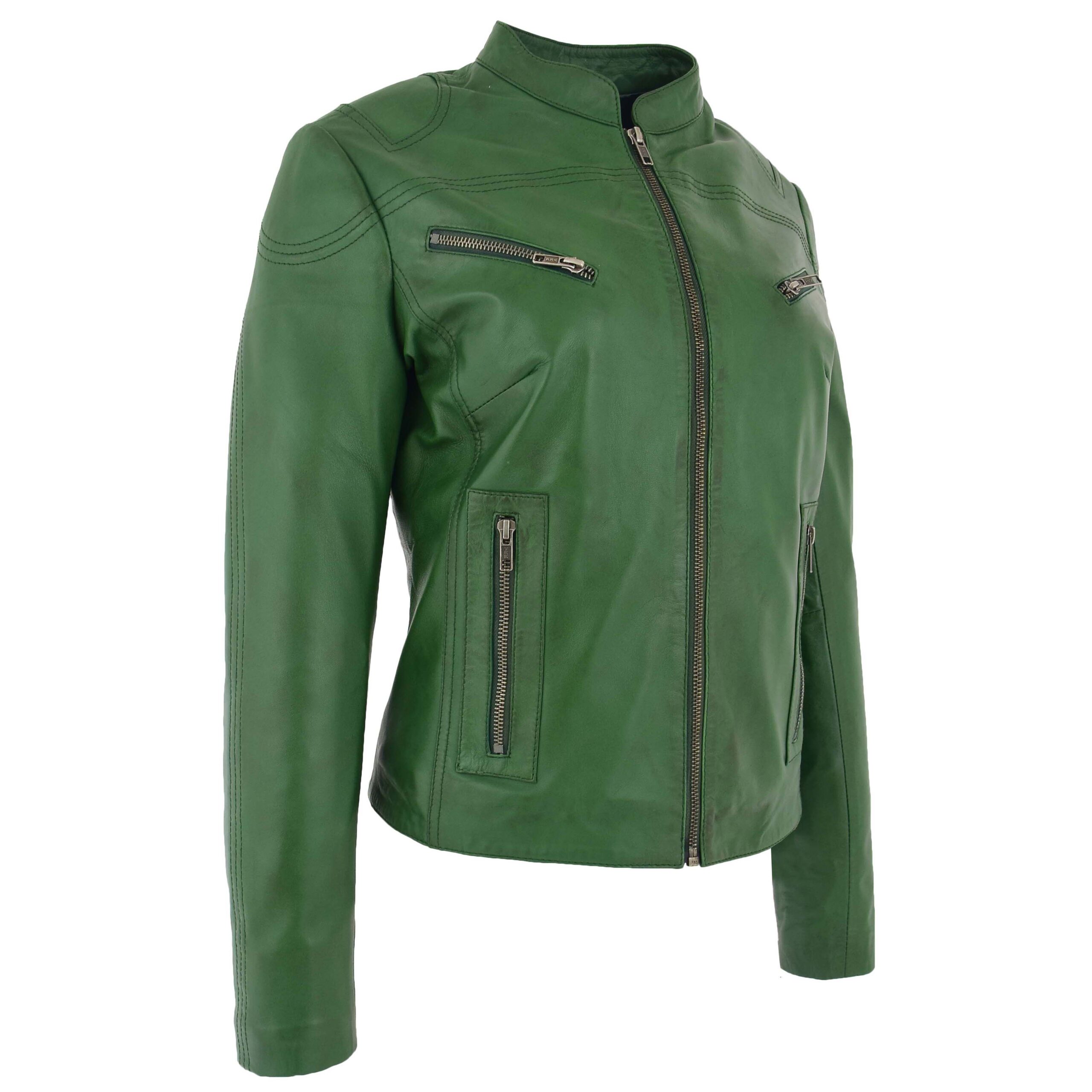 BUNERI Blouson Biker en Cuir Vert pour Femme Col Montant – Image 4