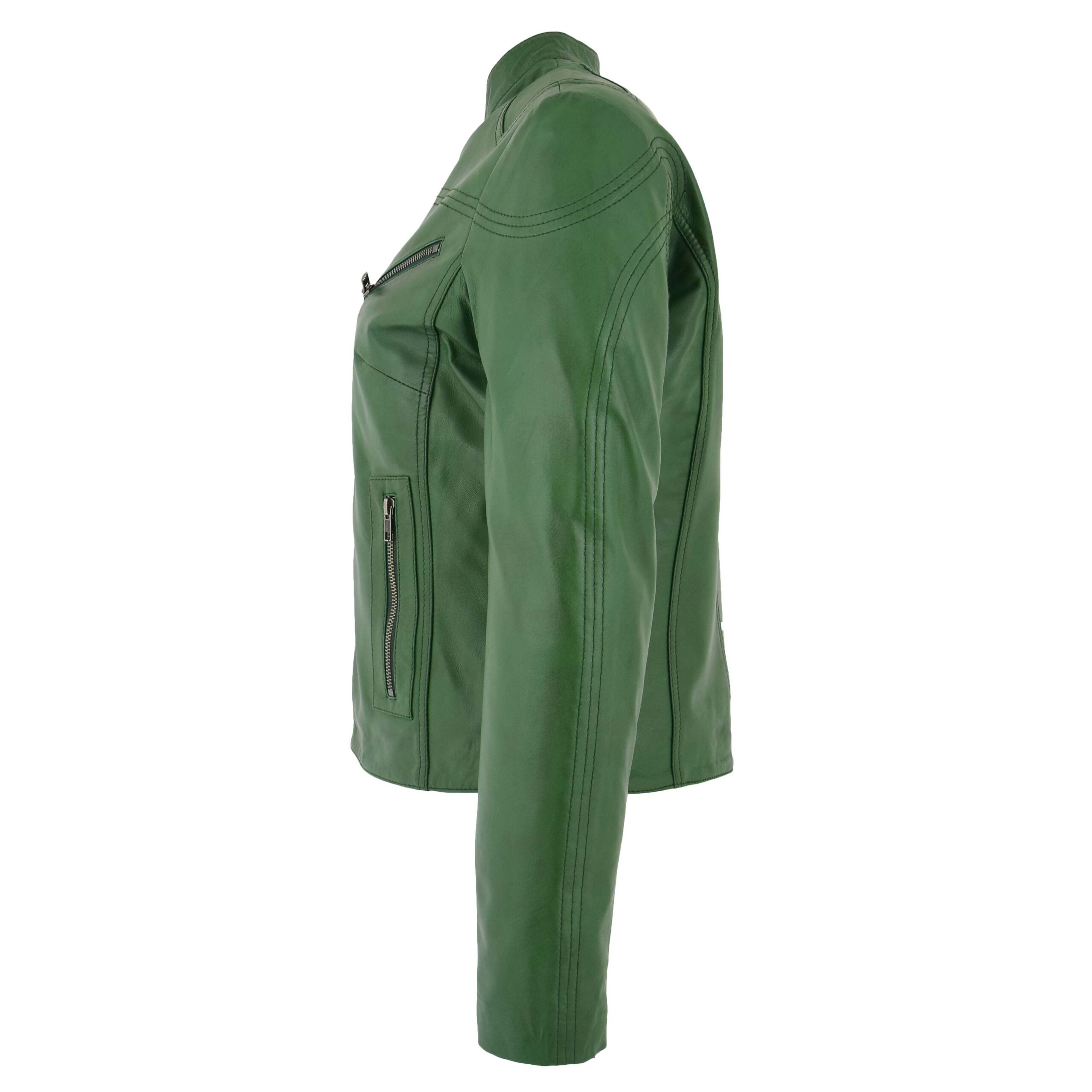 BUNERI Blouson Biker en Cuir Vert pour Femme Col Montant – Image 5