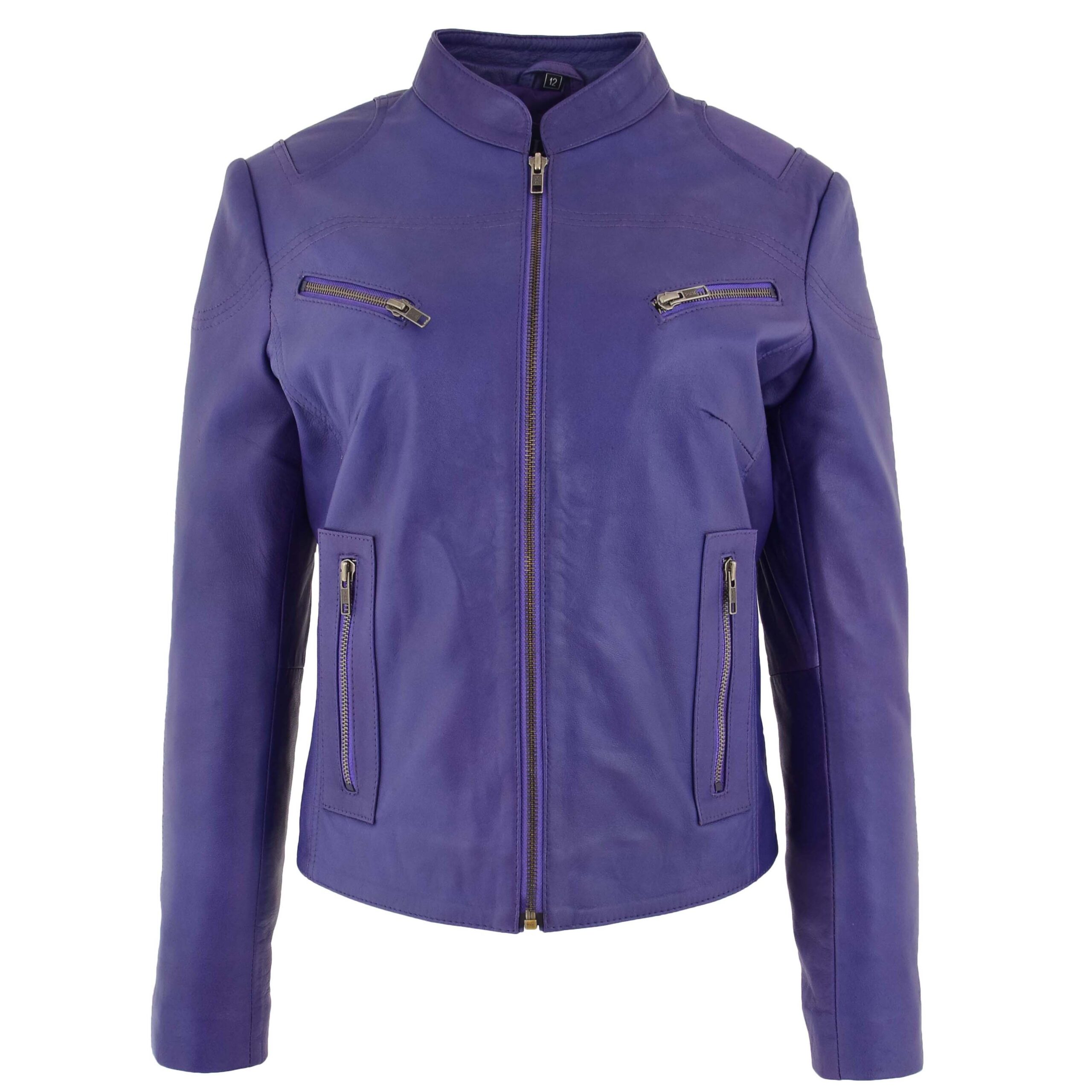BUNERI Veste en Cuir Violette pour Femme à Col Montant