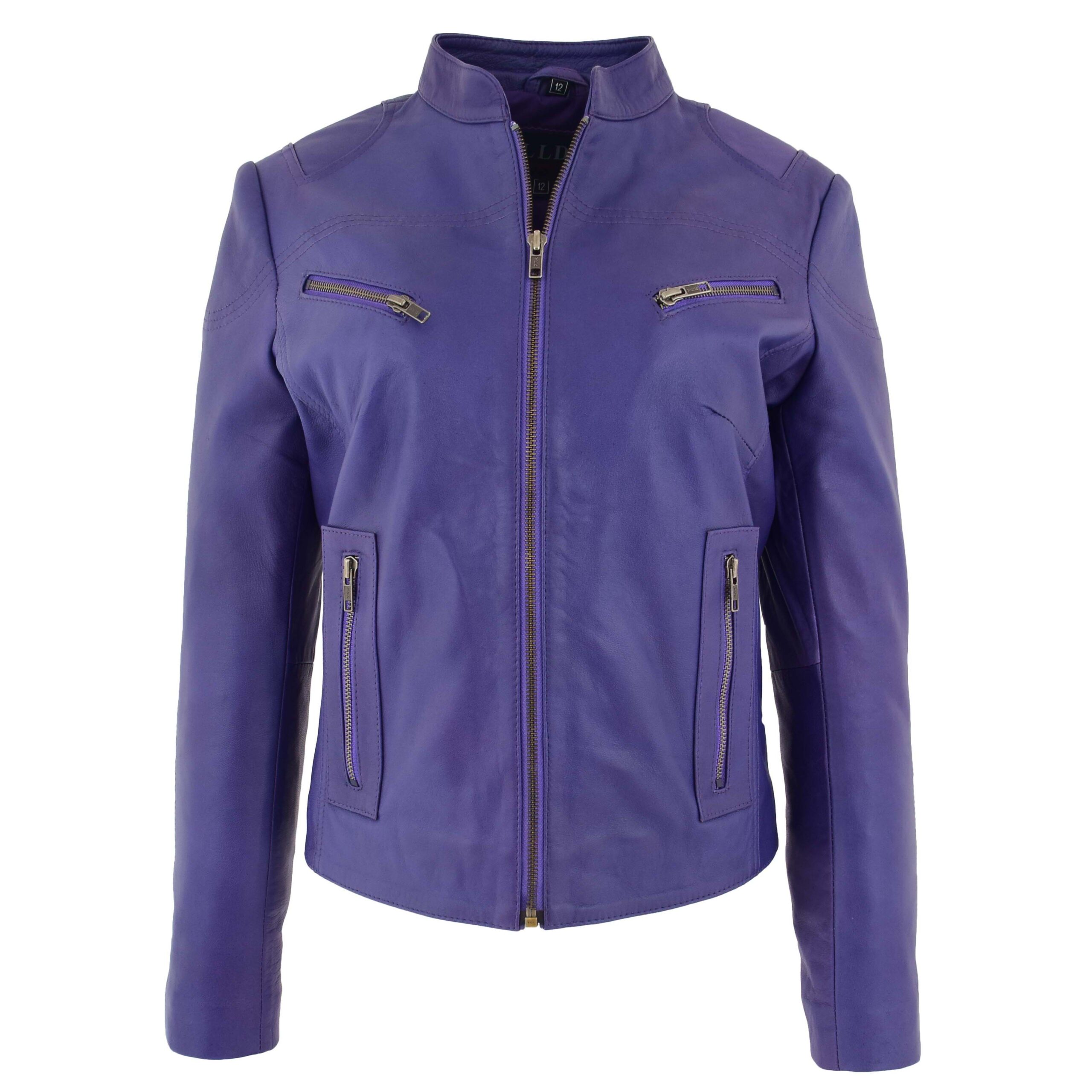 BUNERI Veste en Cuir Violette pour Femme à Col Montant – Image 3