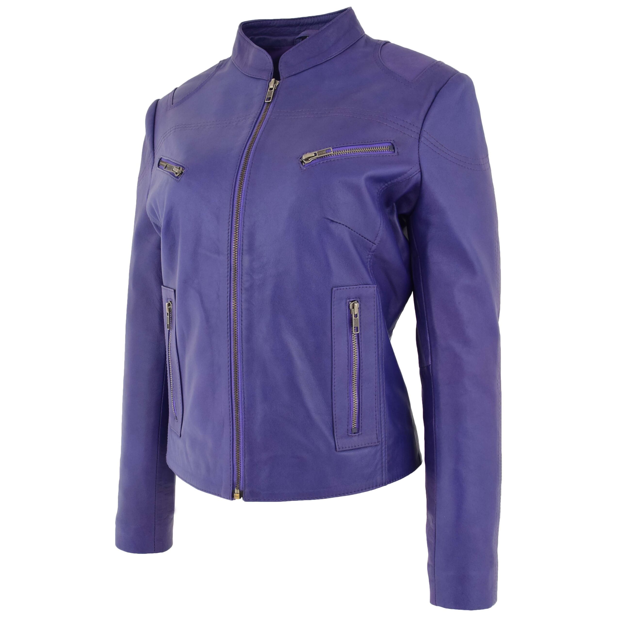 BUNERI Veste en Cuir Violette pour Femme à Col Montant – Image 4