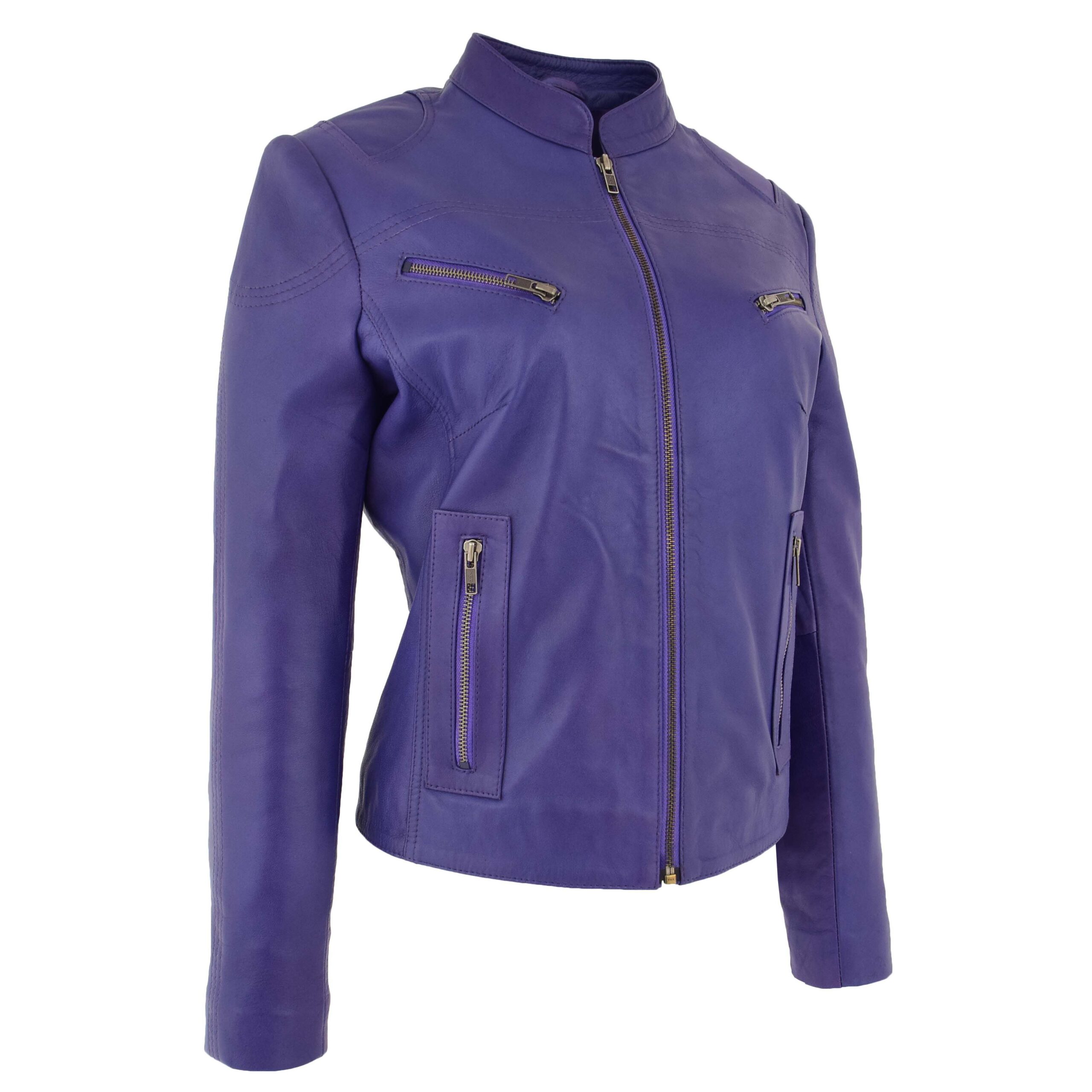 BUNERI Veste en Cuir Violette pour Femme à Col Montant – Image 5